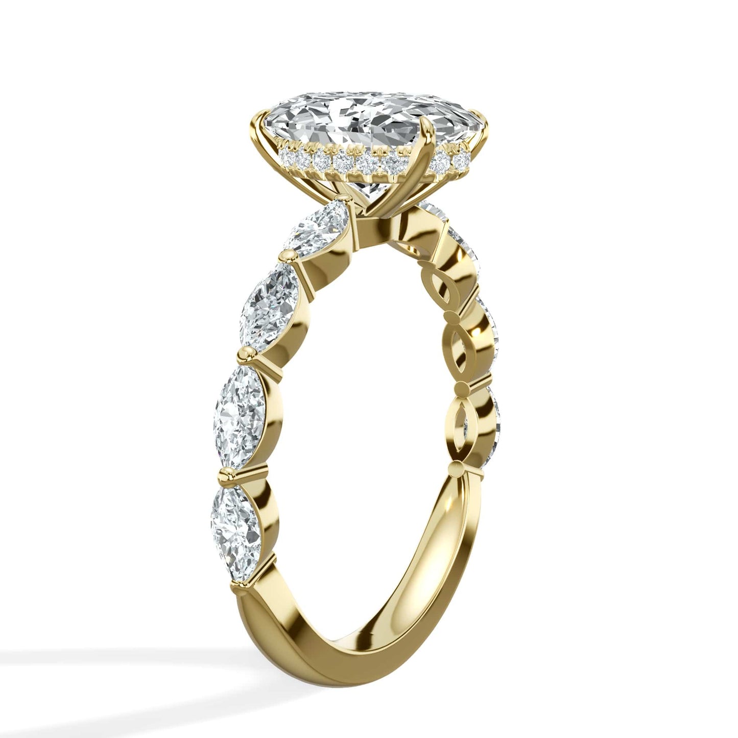 3 Carat Lab Grown Oval Cut with Marquise Side Stones Hidden Halo Diamond Engagement Ring