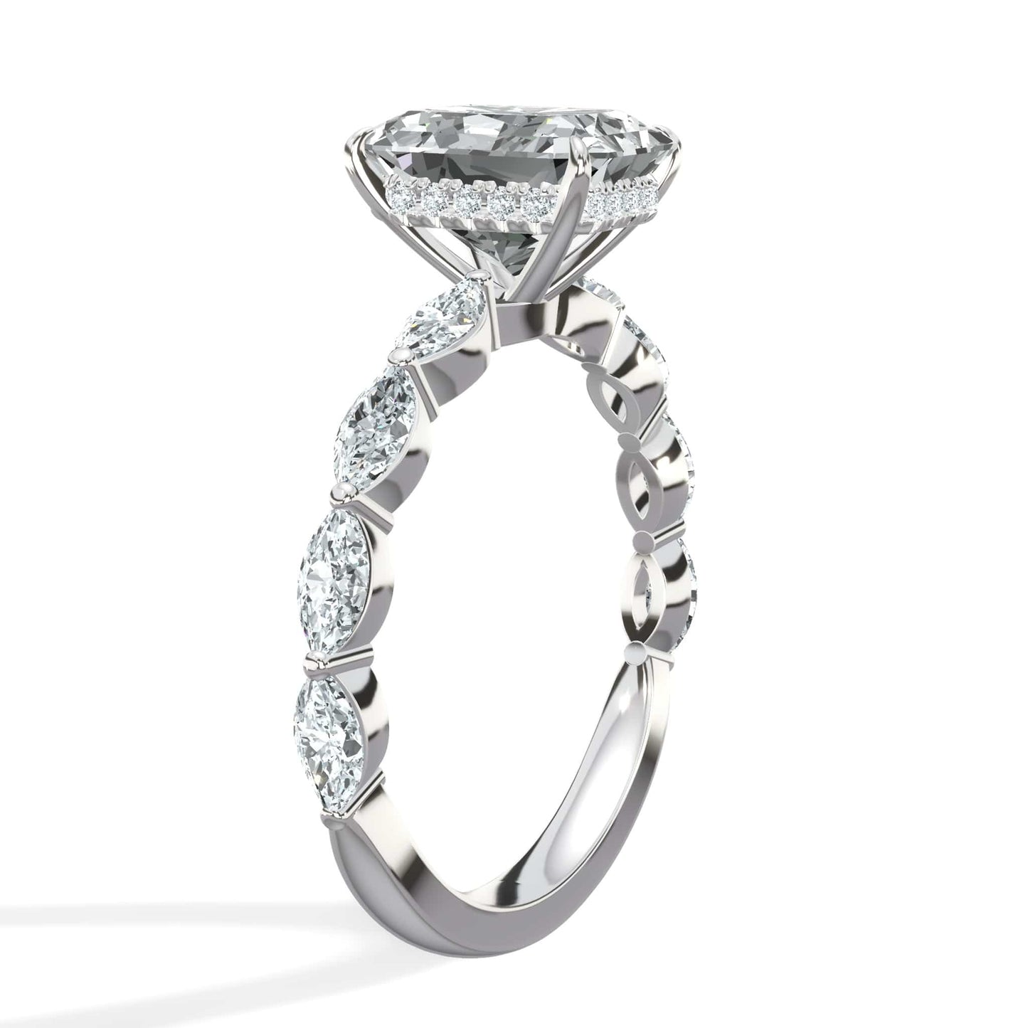 3 Carats Lab Grown Radiant Cut with Marquise Side Stones Hidden Halo Diamond Engagement Ring