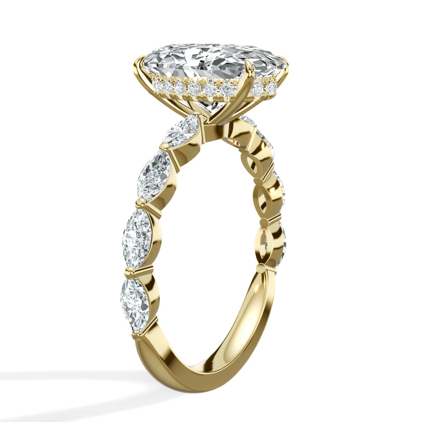 4.00 Carats Lab Grown Oval Shape with Marquise Side Stones Hidden Halo Diamond Engagement Ring