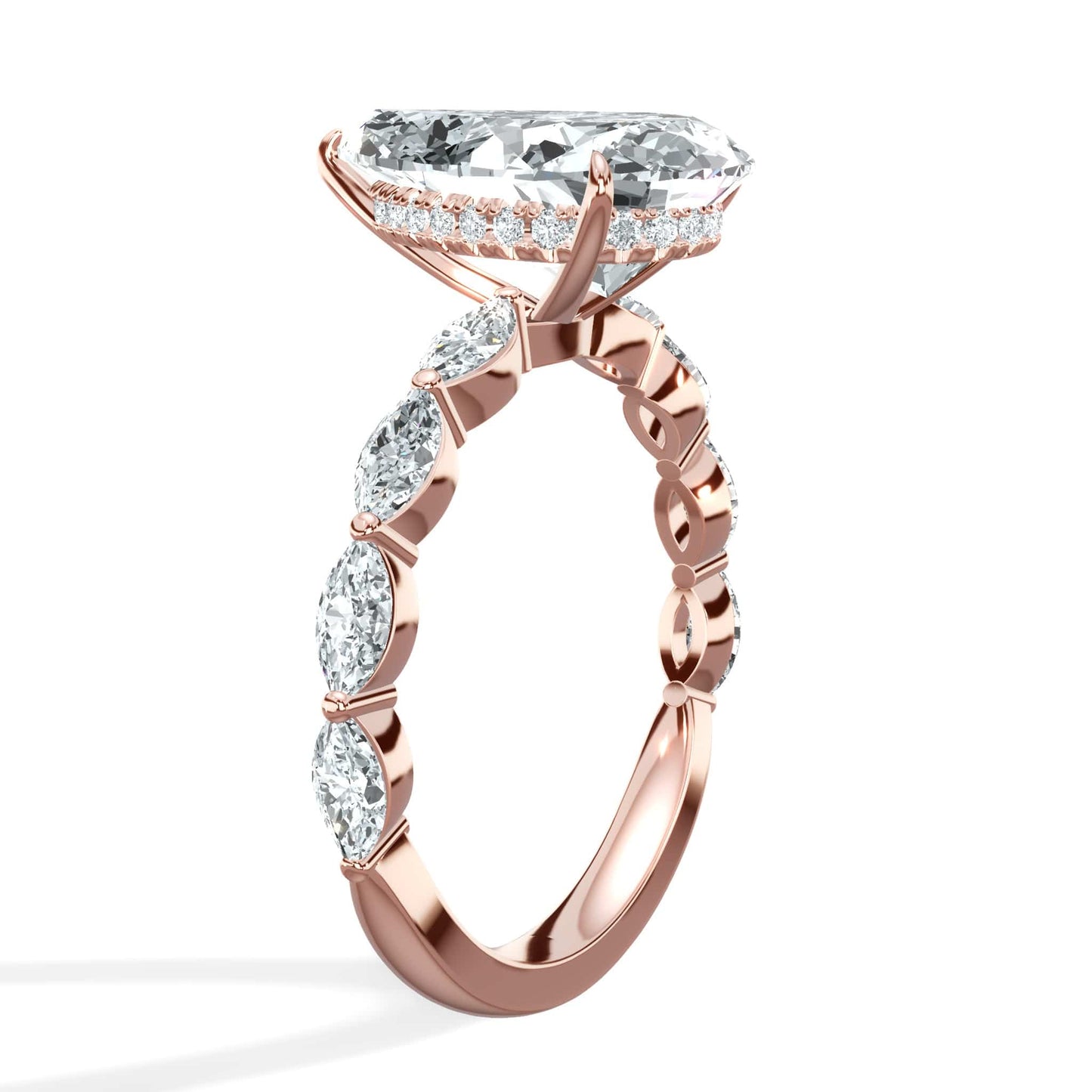 4.08 Carats Lab Grown Pear Shaped with Marquise Side Stones Hidden Halo Diamond Engagement Ring