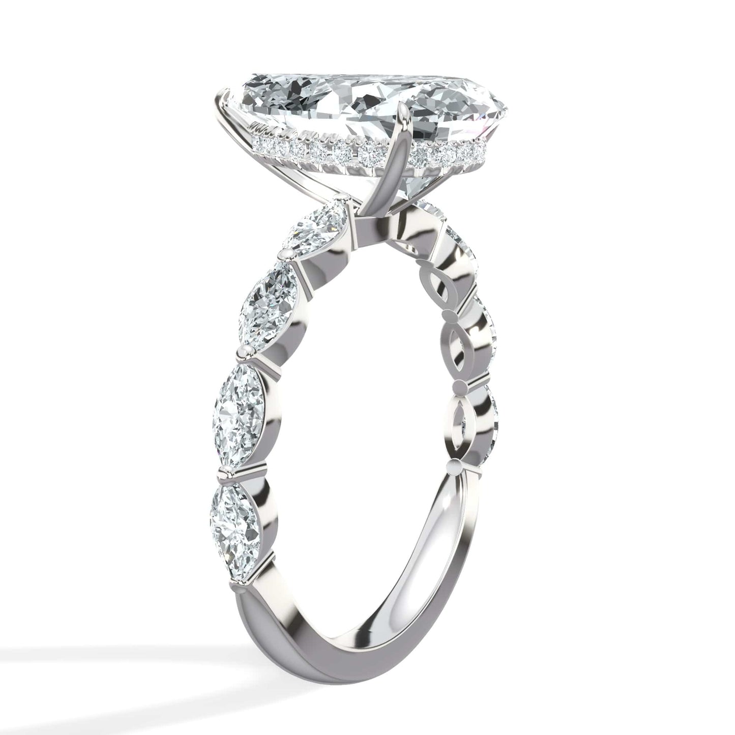 4.00 Carat Lab Grown Pear Shaped with Marquise Side Stones Hidden Halo Diamond Engagement Ring