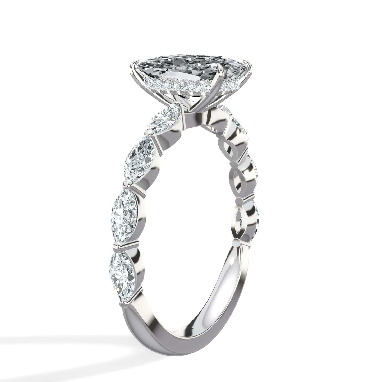 2.50 Carats Lab Grown Cushion Cut with Marquise Side Stones Hidden Halo Diamond Engagement Ring