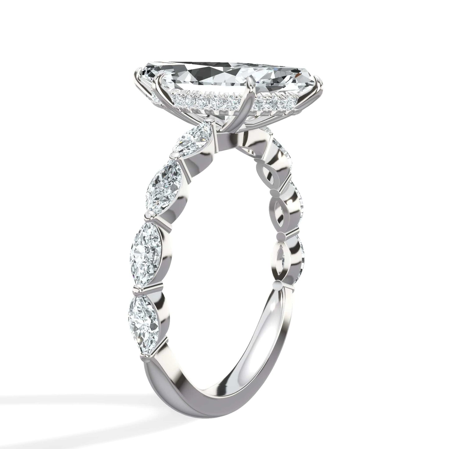 3.00 Carats Lab Grown Marquise Cut with Marquise Side Stones Hidden Halo Diamond Engagement Ring