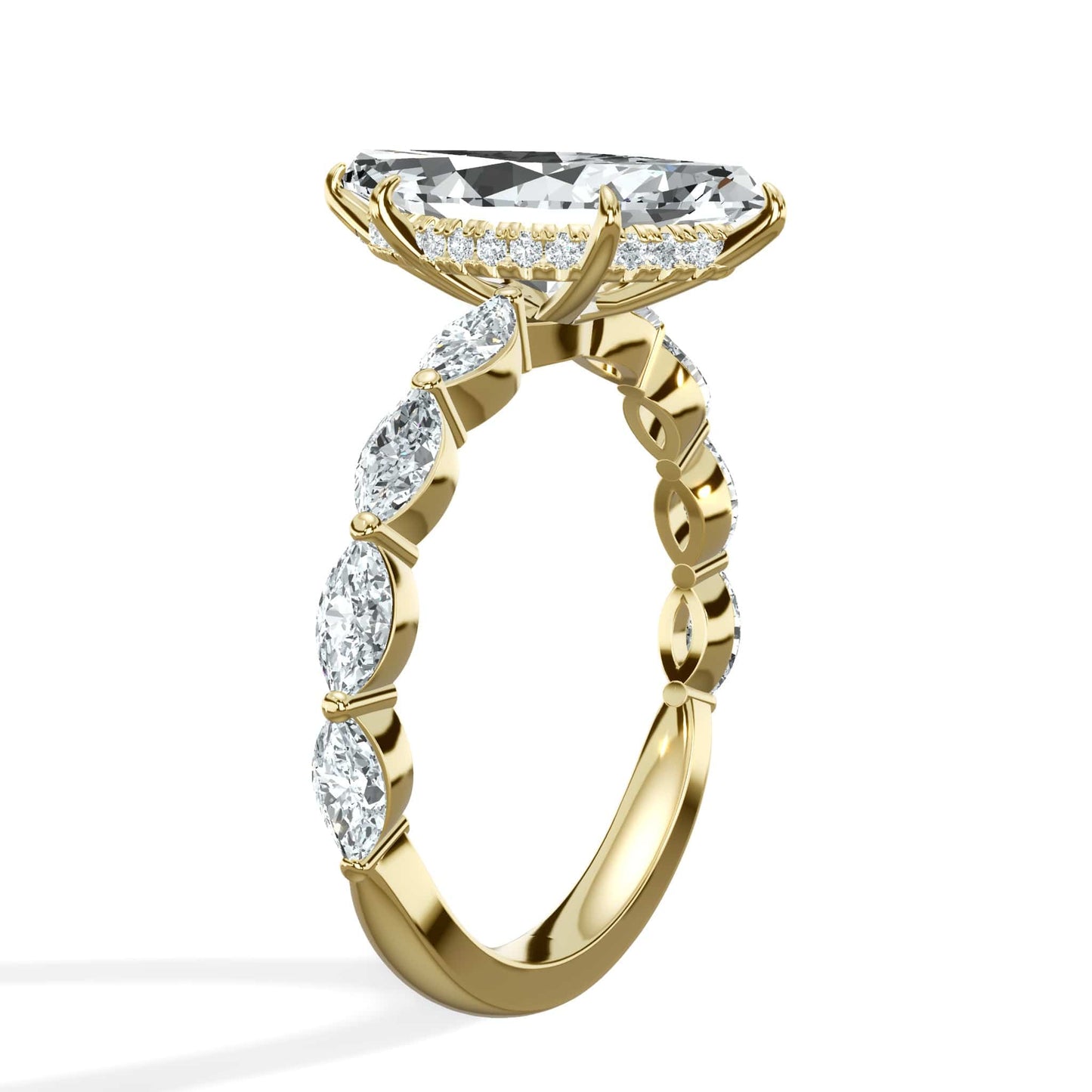 3.00 Carats Lab Grown Marquise Cut with Marquise Side Stones Hidden Halo Diamond Engagement Ring