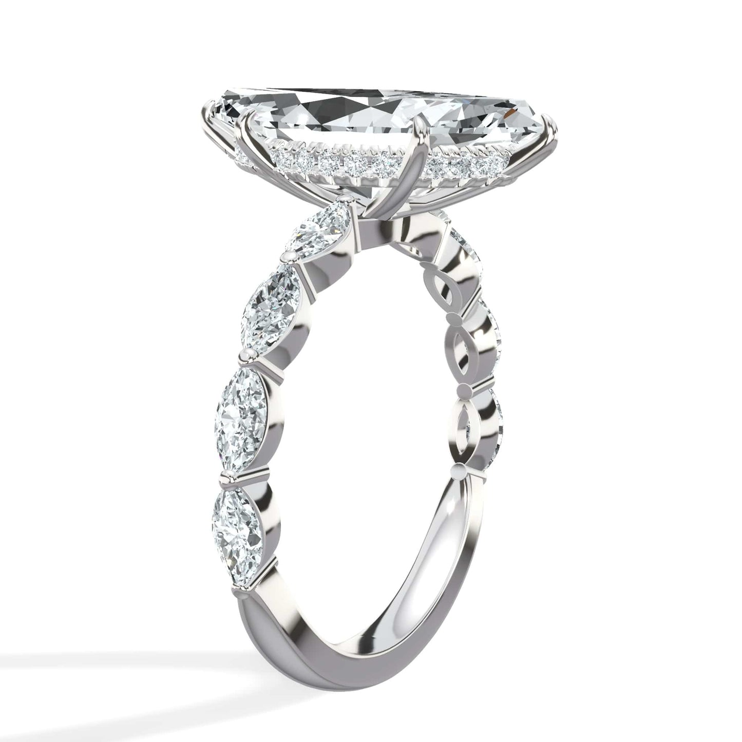 4.00 Carats Lab Grown Marquise Cut with Marquise Side Stones Hidden Halo Diamond Engagement Ring