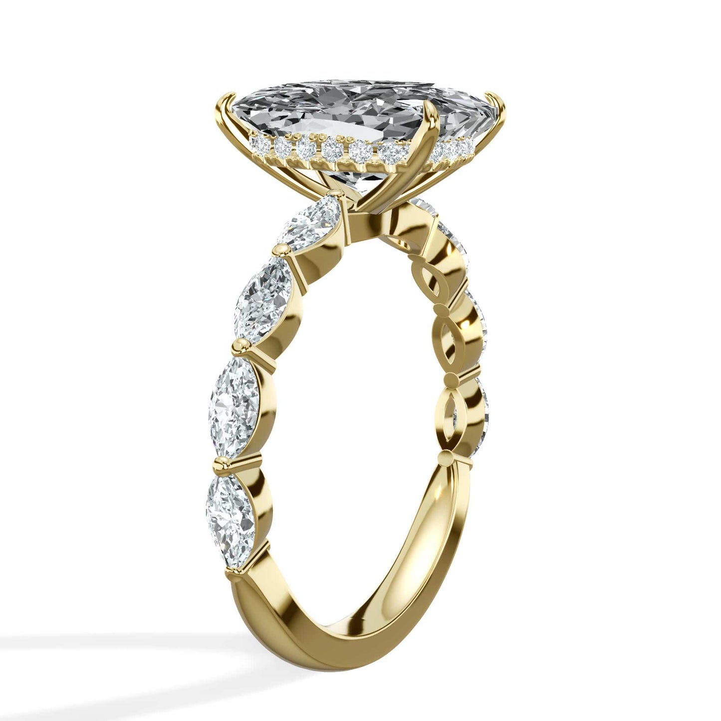4.02 Carats Lab Grown Elongated Cushion Cut with Marquise Side Stones Hidden Halo Diamond Engagement Ring Yellow Gold