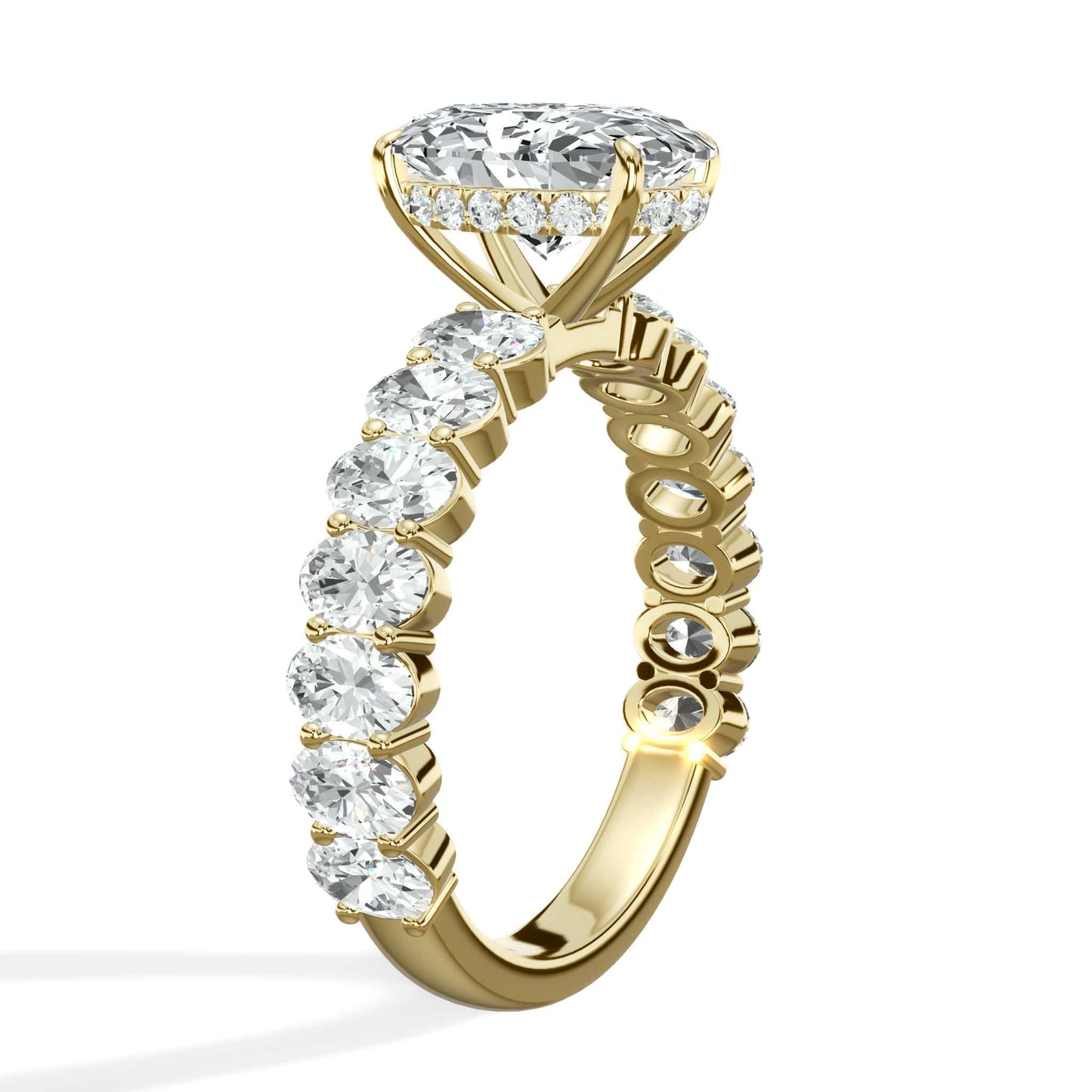 4 Carat Lab Grown Oval Cut with Oval Side Stones Hidden Halo Diamond Engagement Ring In Yellow Gold