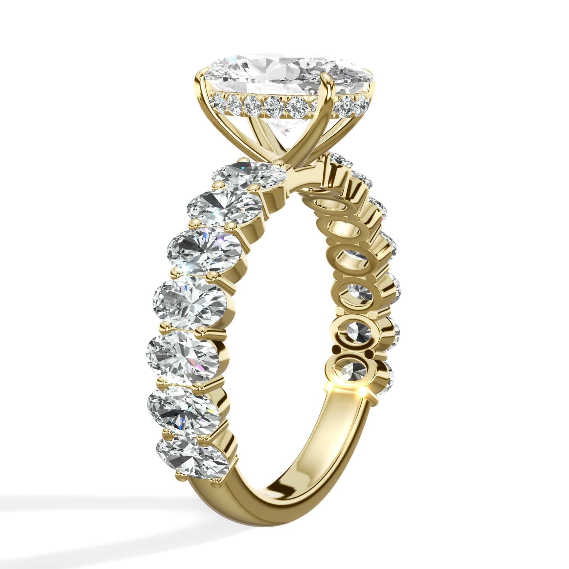 Oval lab grown diamond ring with side diamonds and hidden halo