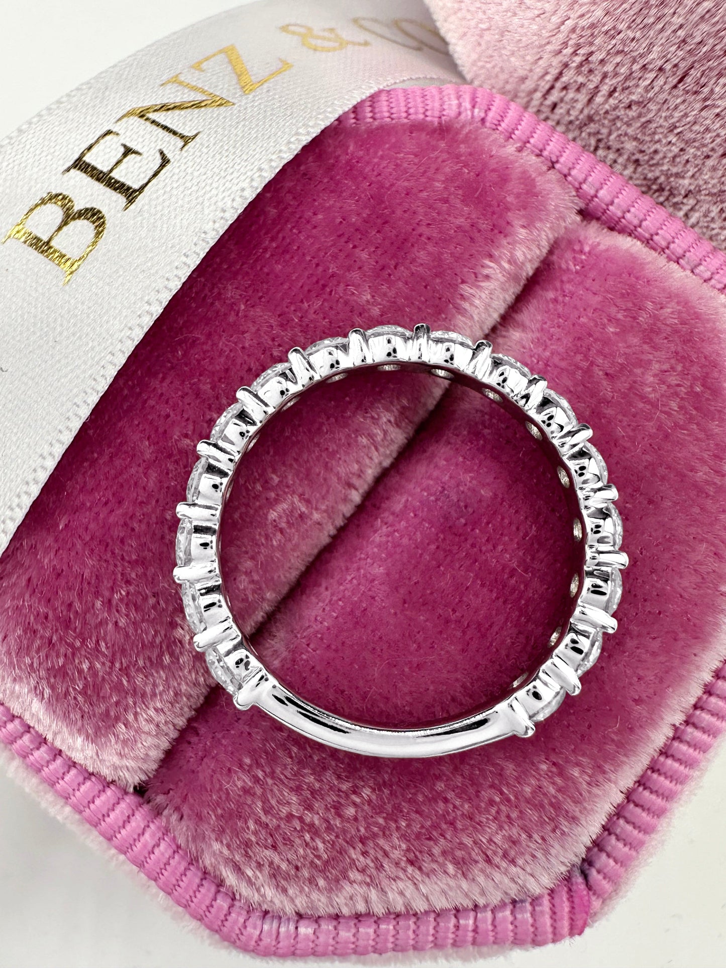 Round cut lab grown diamond eternity band in white gold