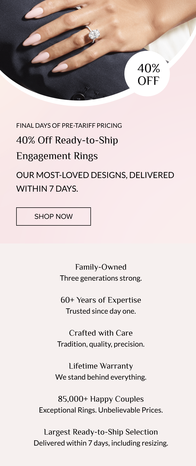 40% off engagement rings, ready-to-ship within 7 days.