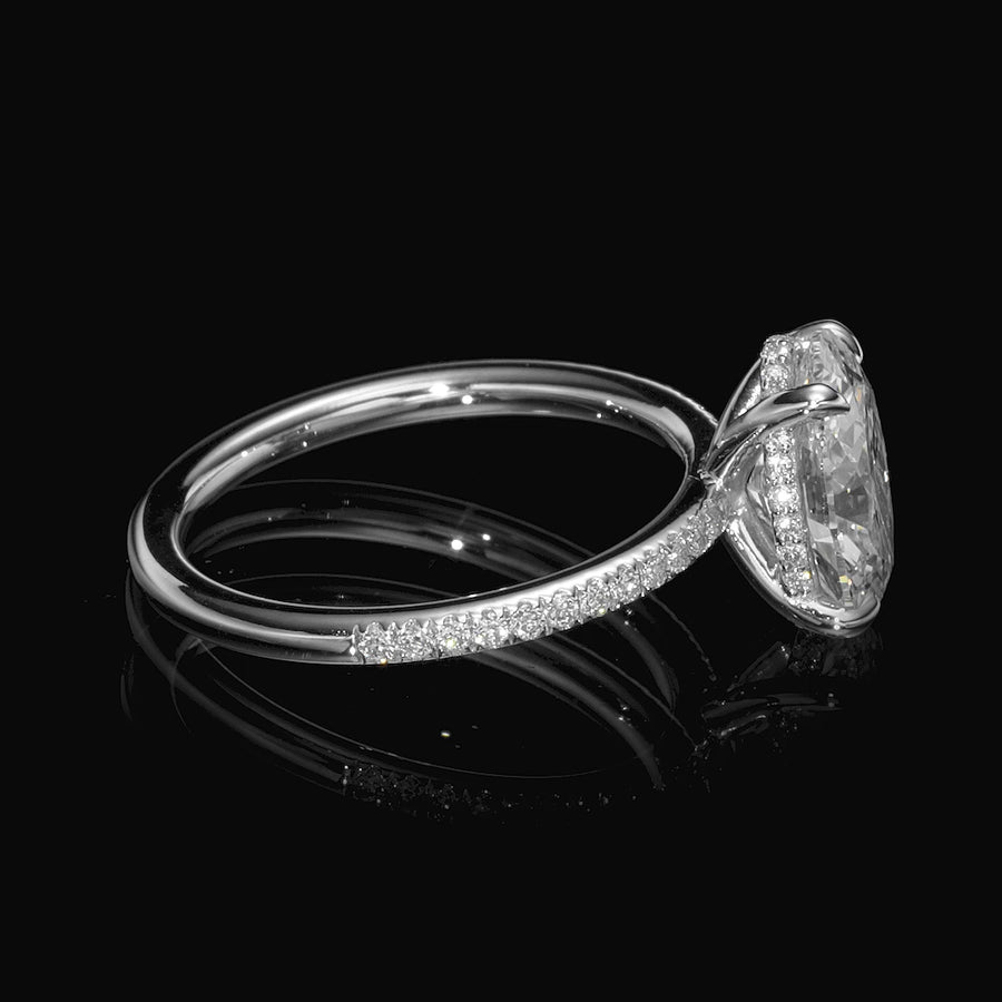 2.42 Carats Lab Grown Oval Cut Micropaved Side Stones Hidden Halo Diamond Engagement Ring