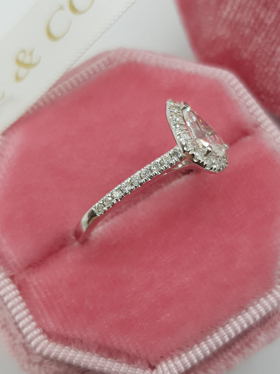 1.20 Carats Pear Shaped Halo Micropaved Diamond Engagement Ring - BenzDiamonds
