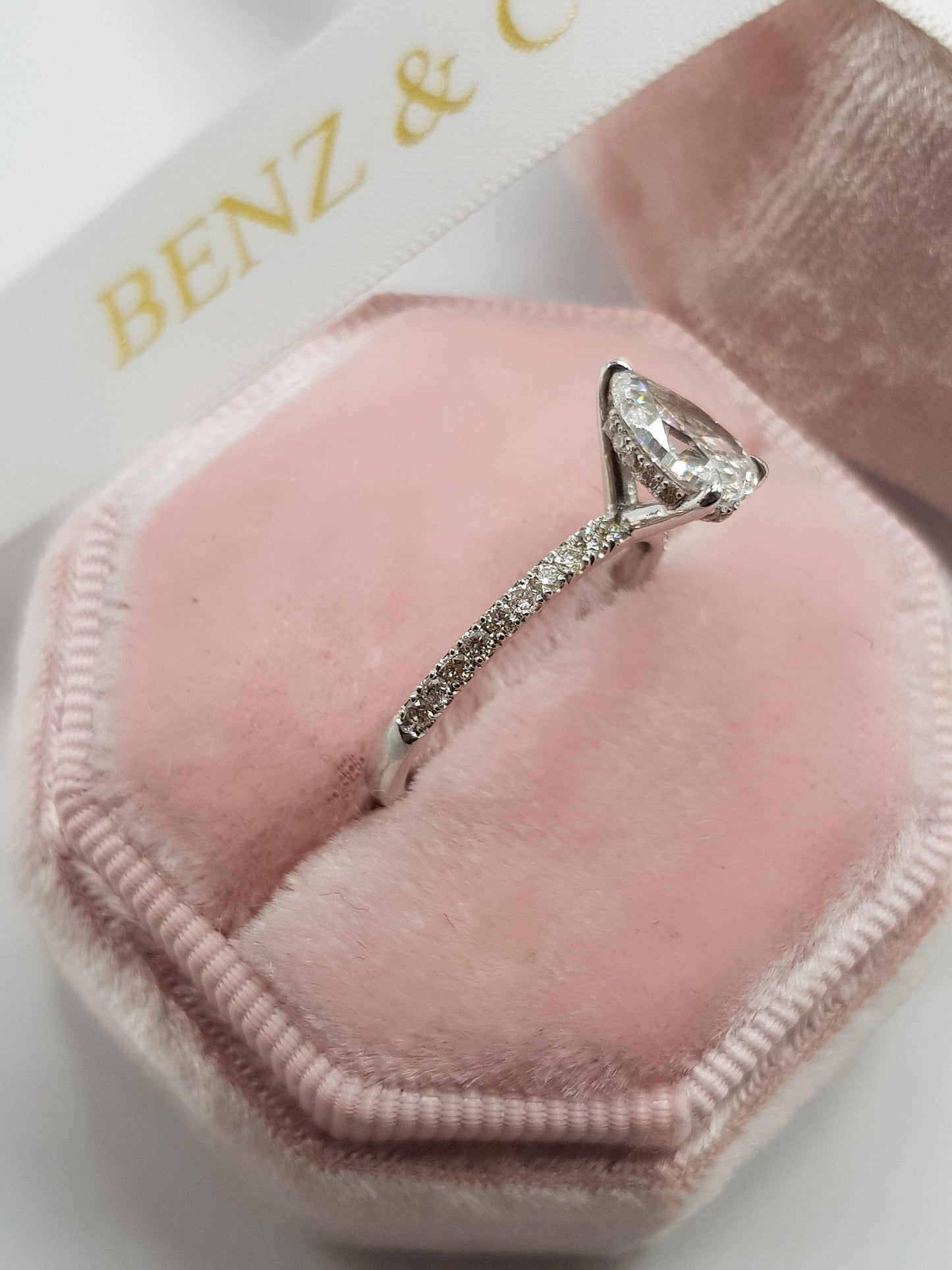 1.50 Carats Pear Shape Side Stones Hidden Halo Diamond Engagement Ring - BenzDiamonds