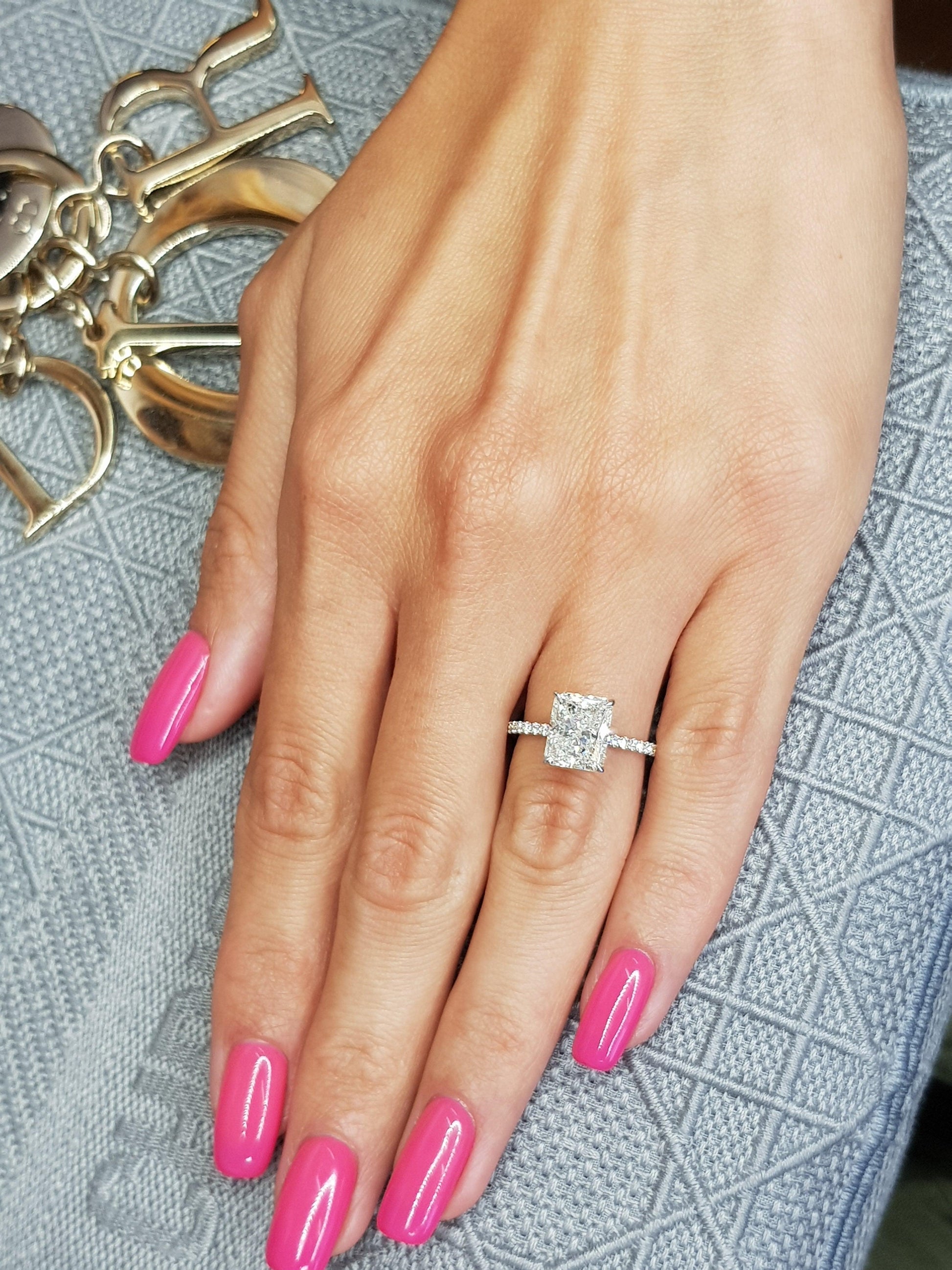 3 Carats Radiant Cut Micropaved Side Stones Hidden Halo Diamond Engagement Ring - BenzDiamonds