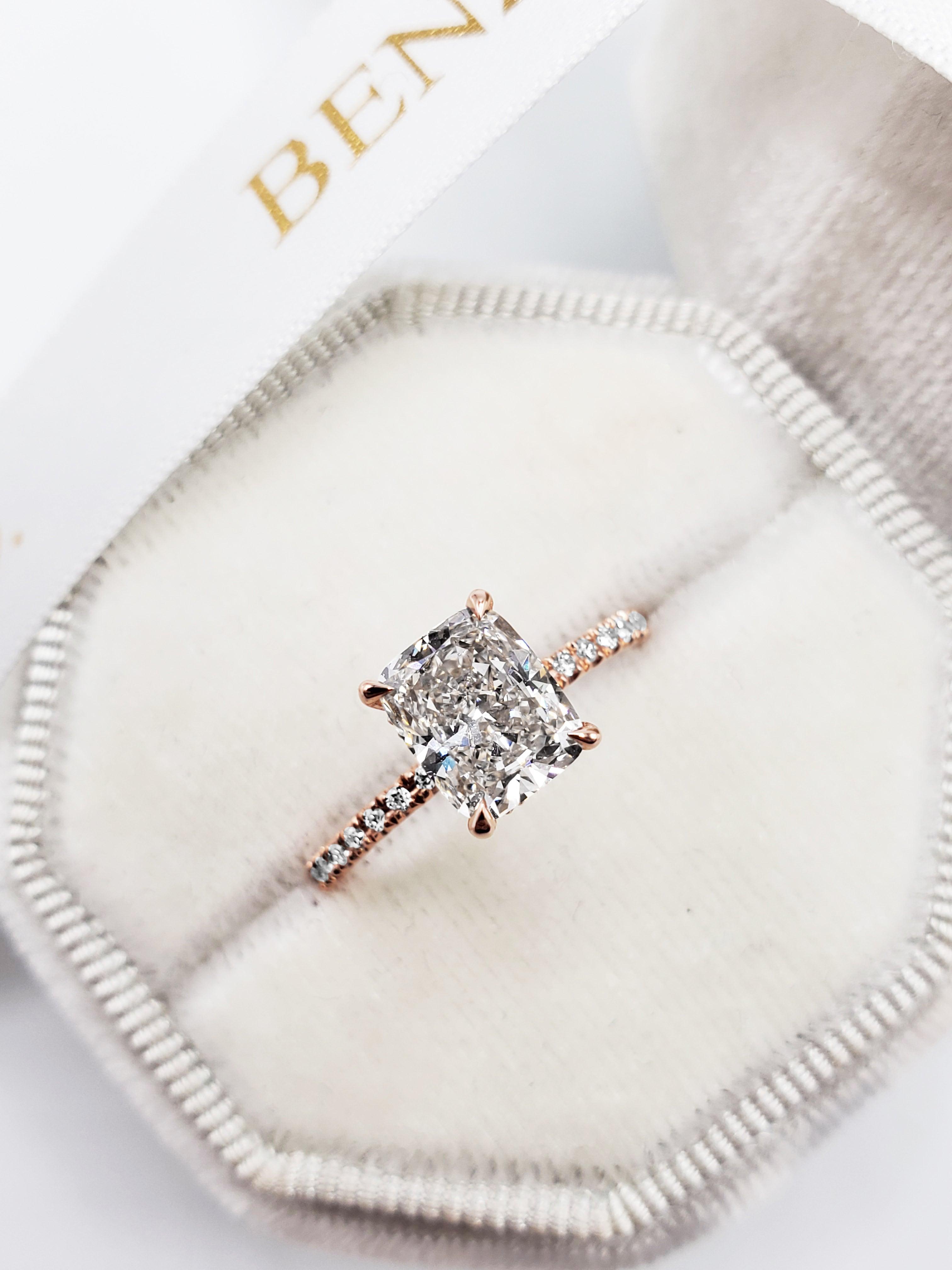 3.56 Carats Lab Grown Elongated Cushion Cut Micropaved Side Stones Hidden Halo Diamond Engagement Ring 7.75 / 14K Rose Gold