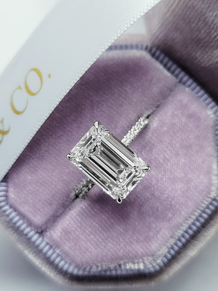 5.56 Carats Lab Grown Emerald Cut Micropaved Side Stones Hidden Halo Diamond Engagement Ring - BenzDiamonds