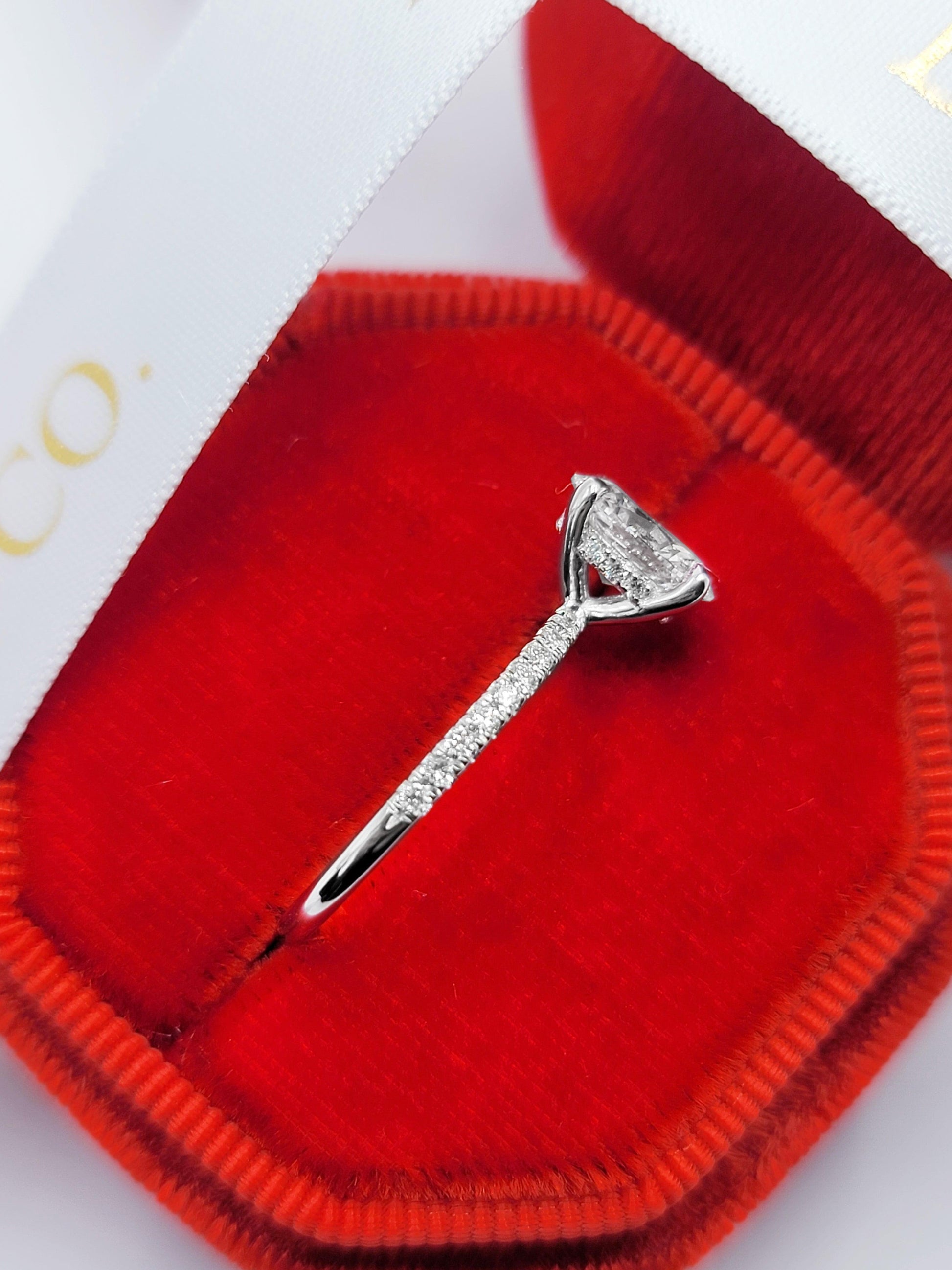 1.50 Carats Lab Grown Oval Cut Micropaved Side Stones Hidden Halo Diamond Engagement Ring - BenzDiamonds