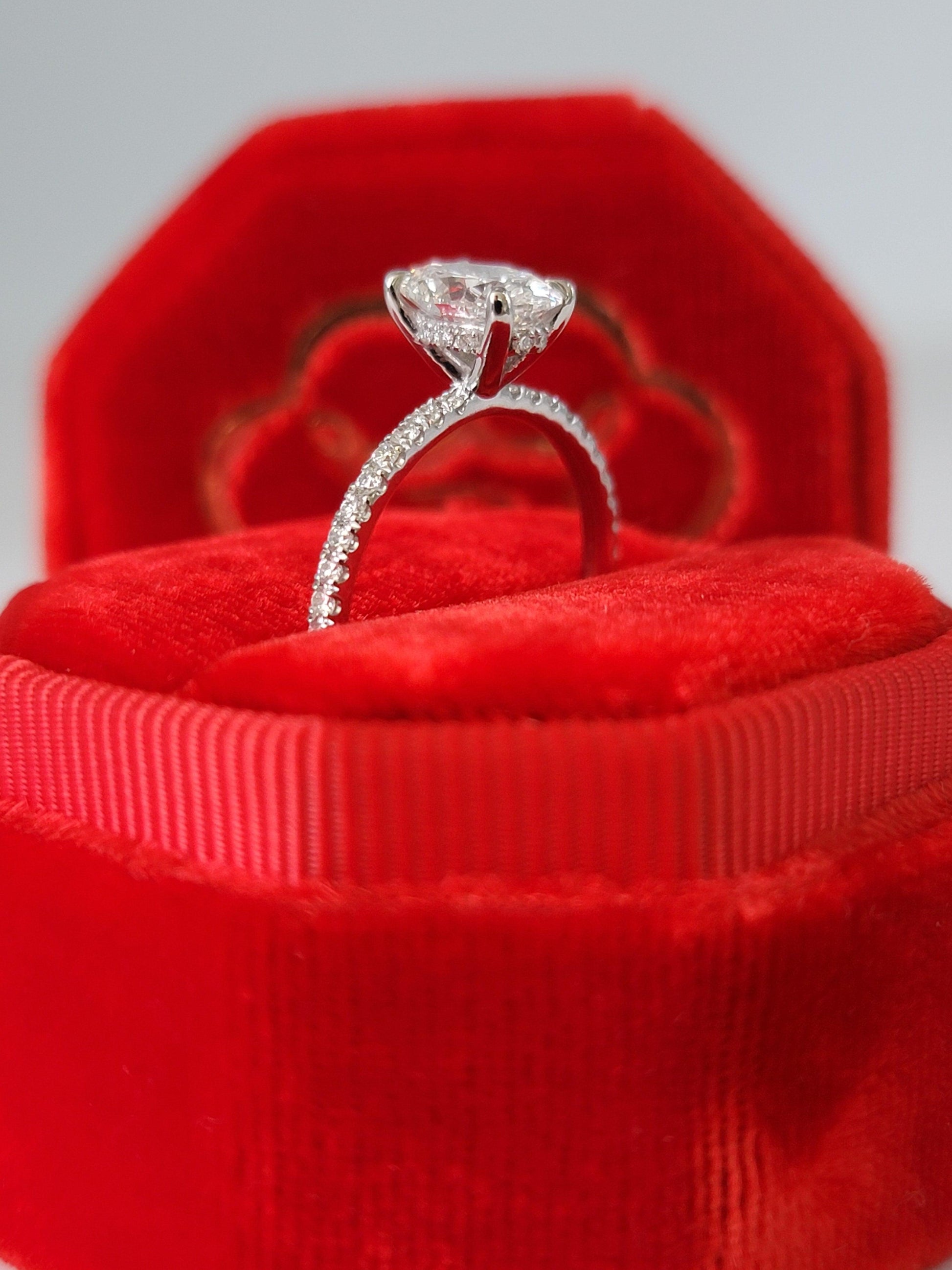 1.50 Carats Lab Grown Oval Cut Micropaved Side Stones Hidden Halo Diamond Engagement Ring - BenzDiamonds