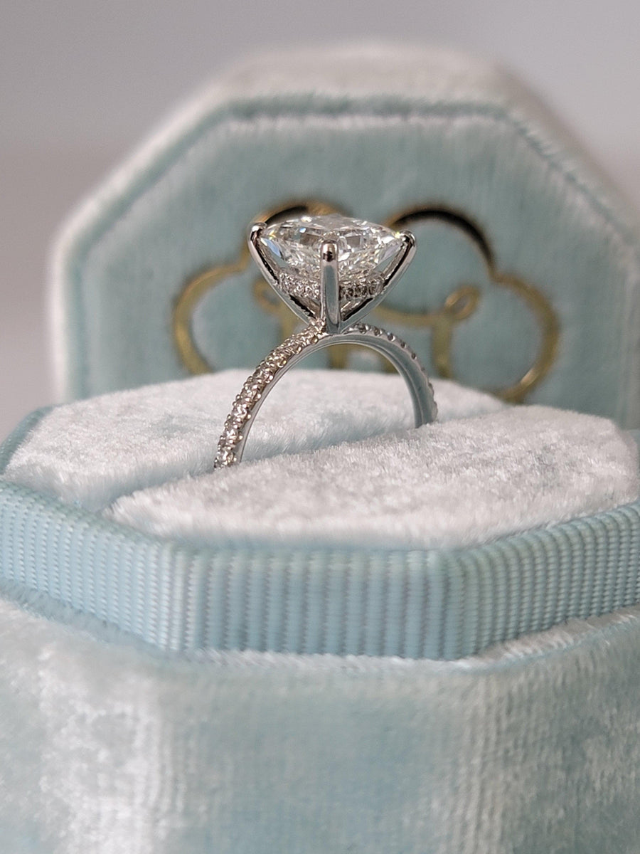 2.50 Carats Lab Grown Princess Cut Micropaved Side Stones Hidden Halo Diamond Engagement Ring - BenzDiamonds