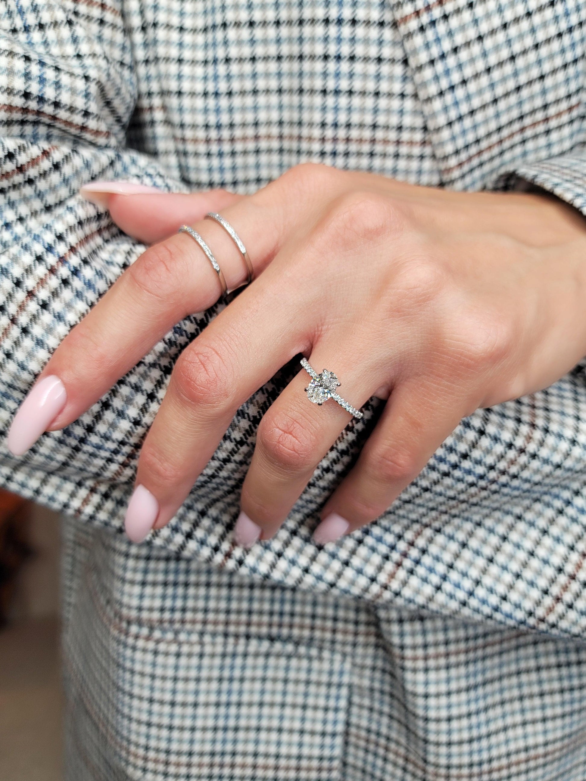 1.50 Carats Lab Grown Oval Cut Micropaved Side Stones Hidden Halo Diamond Engagement Ring - BenzDiamonds