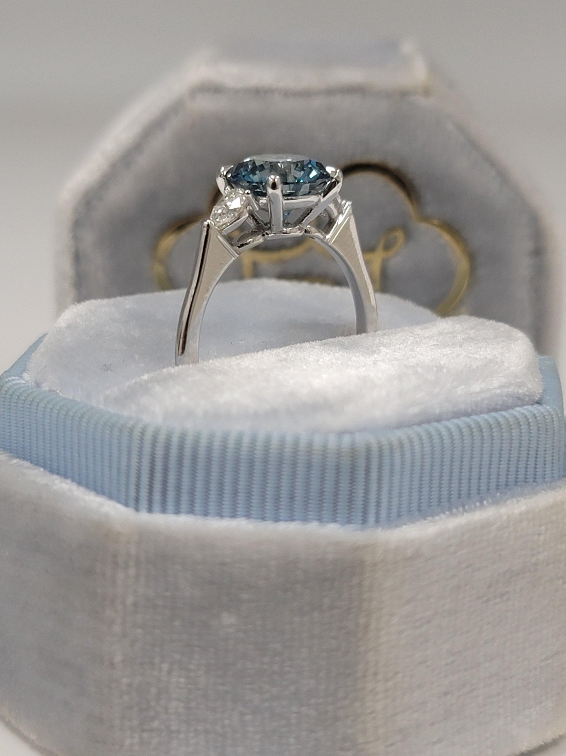 2.35 Carats Lab Grown Fancy Vivid Blue Round Brilliant Cut with Pear Shape Side Stones Diamond Engagement Ring - BenzDiamonds