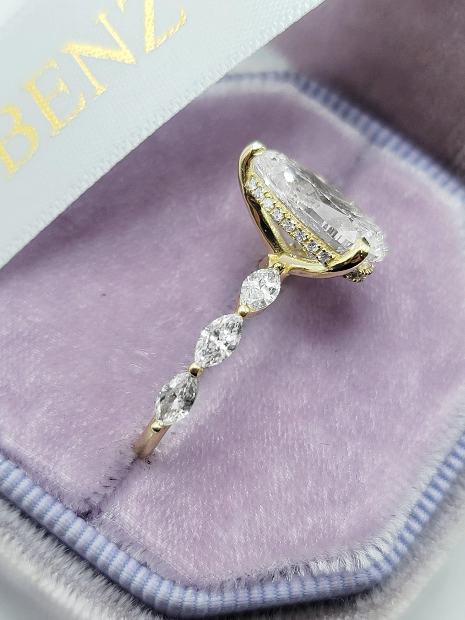 3.68 Carats Lab Grown Pear Shape with Marquise Side Stones Hidden Halo Diamond Engagement Ring - BenzDiamonds