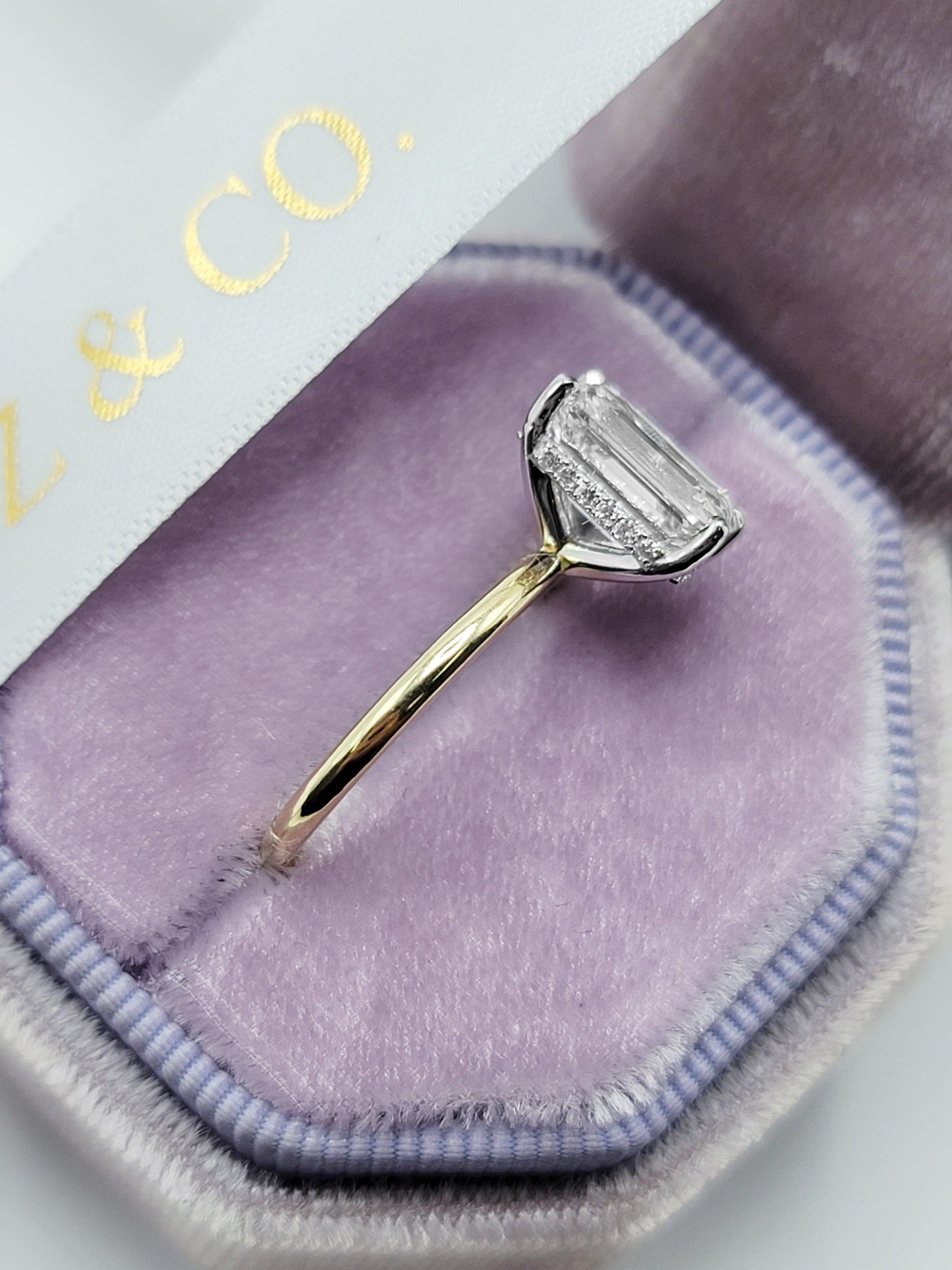 3.03 Carats Lab Grown Emerald Cut Two Tone Solitaire Hidden Halo Diamond Engagement Ring - BenzDiamonds