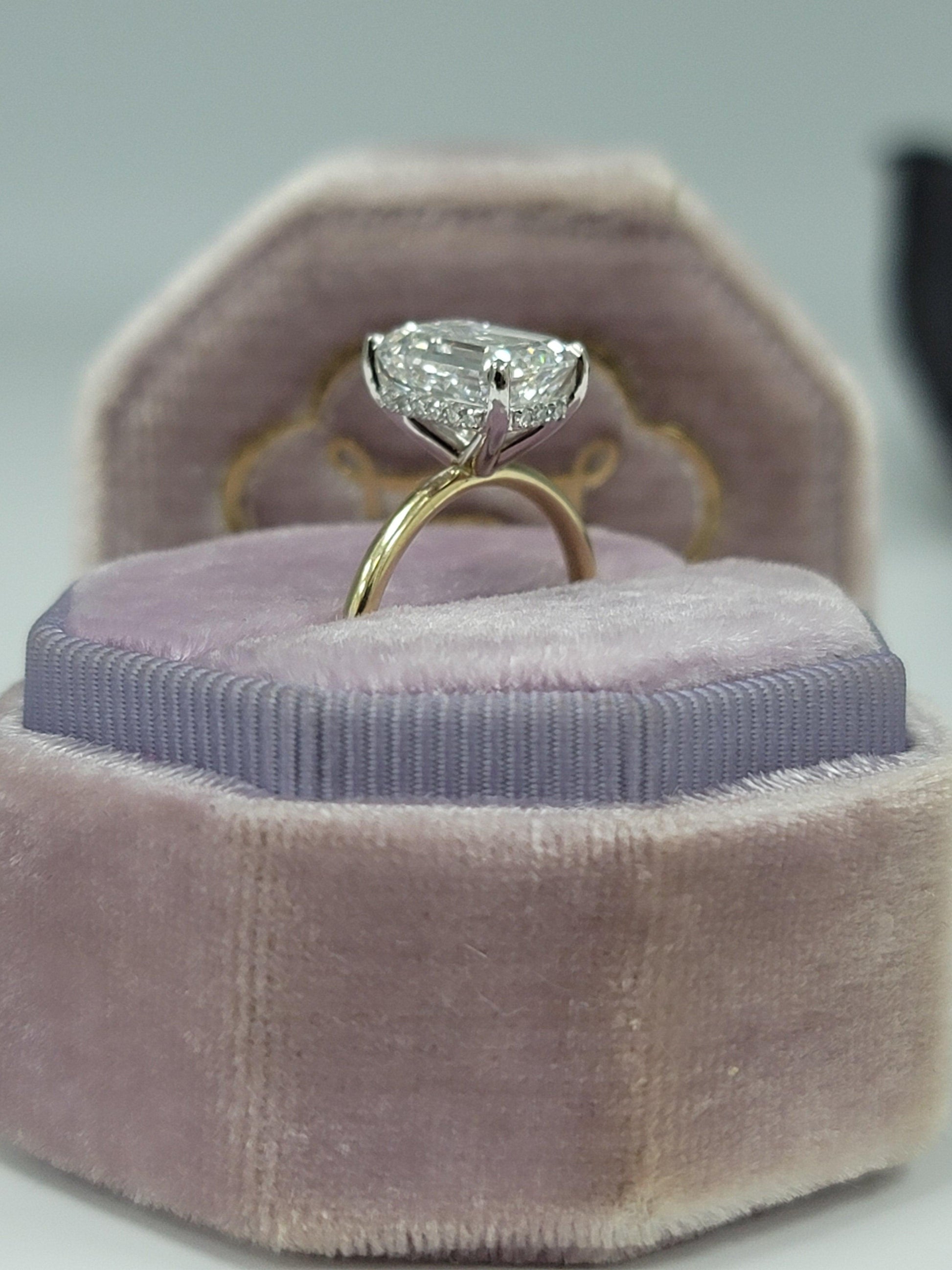 3.03 Carats Lab Grown Emerald Cut Two Tone Solitaire Hidden Halo Diamond Engagement Ring - BenzDiamonds