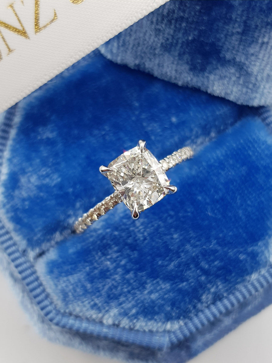 1.80 Carats Cushion Cut Micropave Side Stones Hidden Halo Diamond Engagement Ring - BenzDiamonds