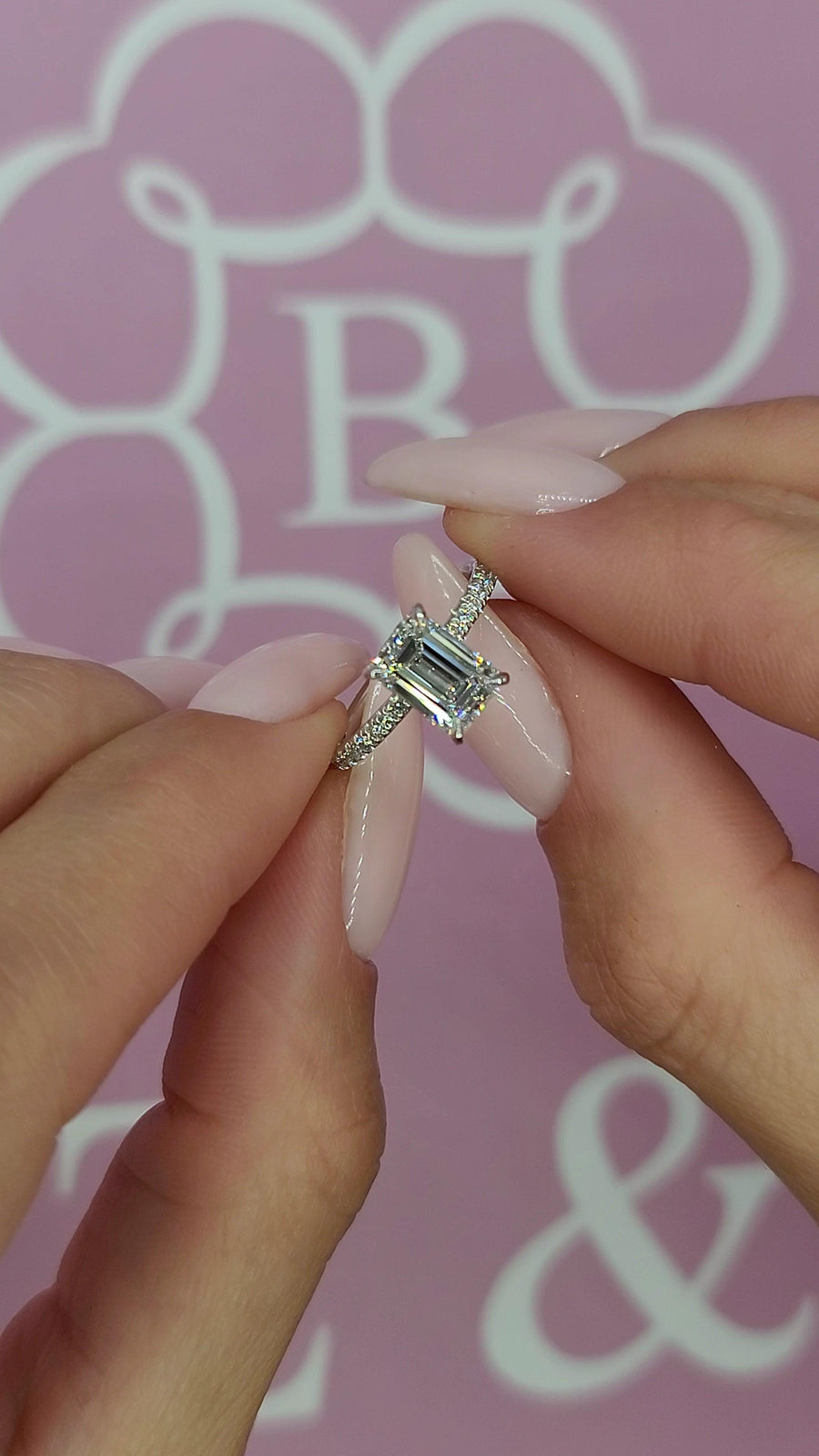 2 Carats Lab Grown Emerald Cut Micropaved Side Stones Hidden Halo Diamond Engagement Ring - BenzDiamonds