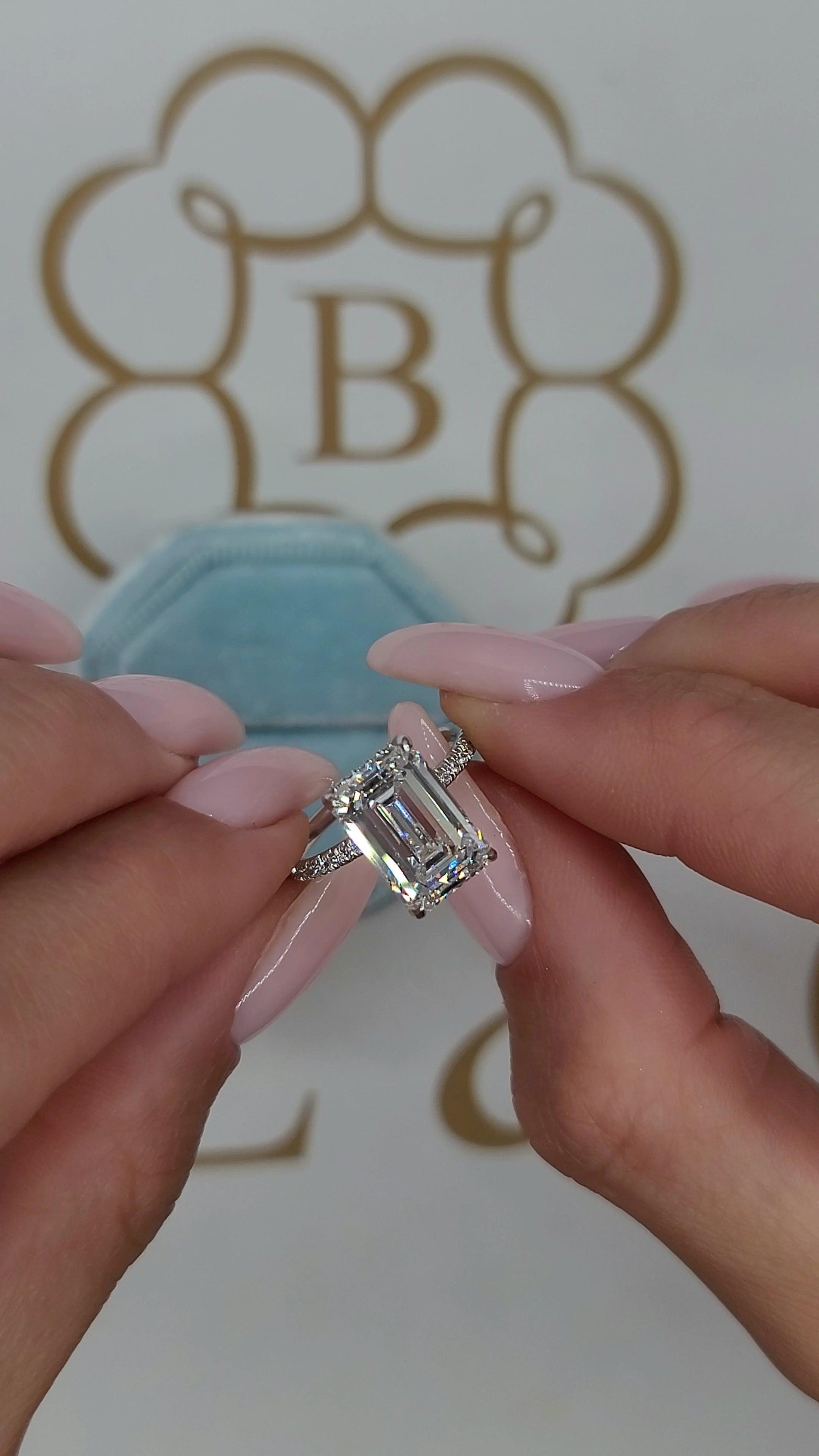 5.56 Carats Lab Grown Emerald Cut Micropaved Side Stones Hidden Halo Diamond Engagement Ring - BenzDiamonds