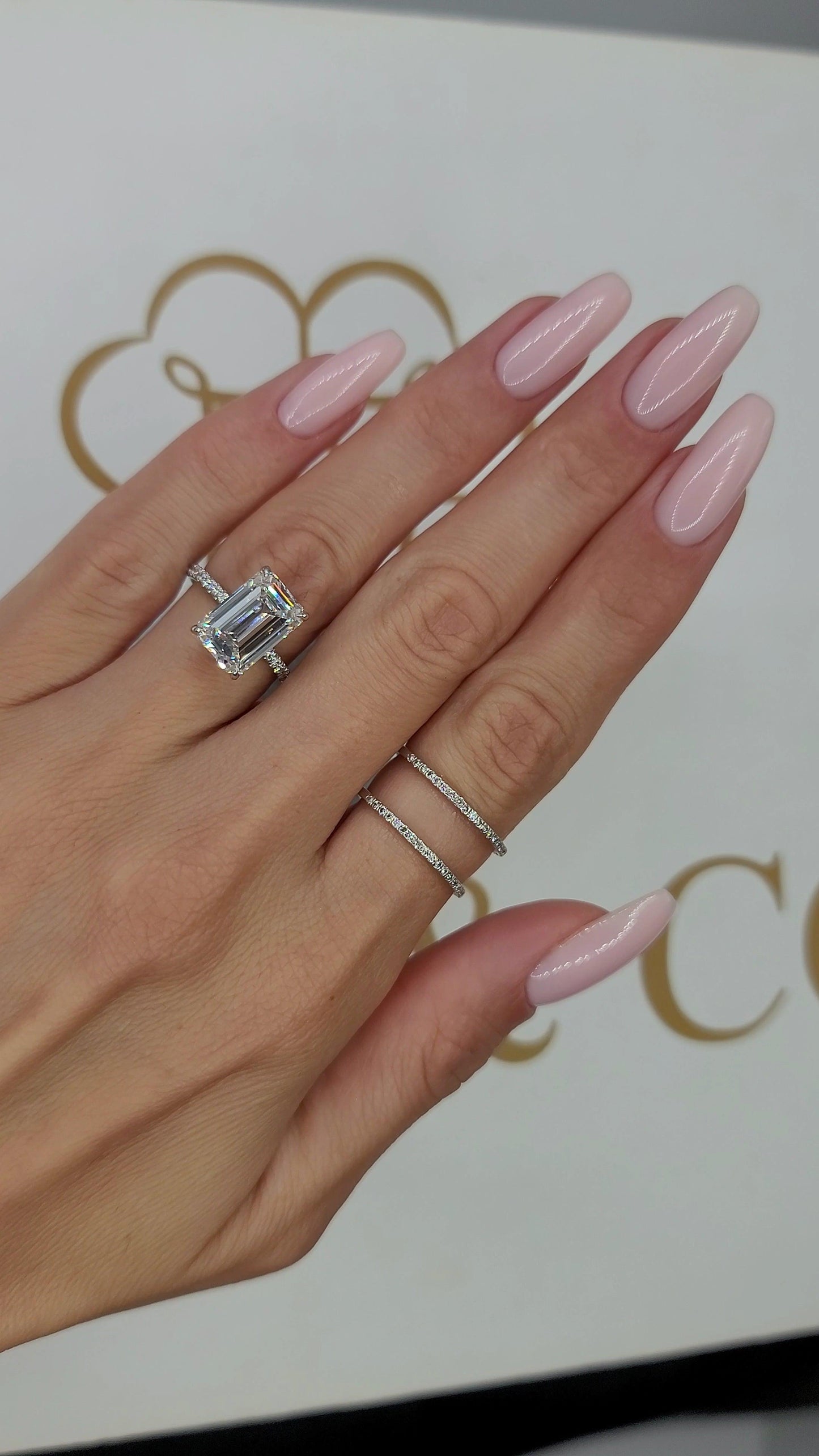 5.56 Carats Lab Grown Emerald Cut Micropaved Side Stones Hidden Halo Diamond Engagement Ring - BenzDiamonds