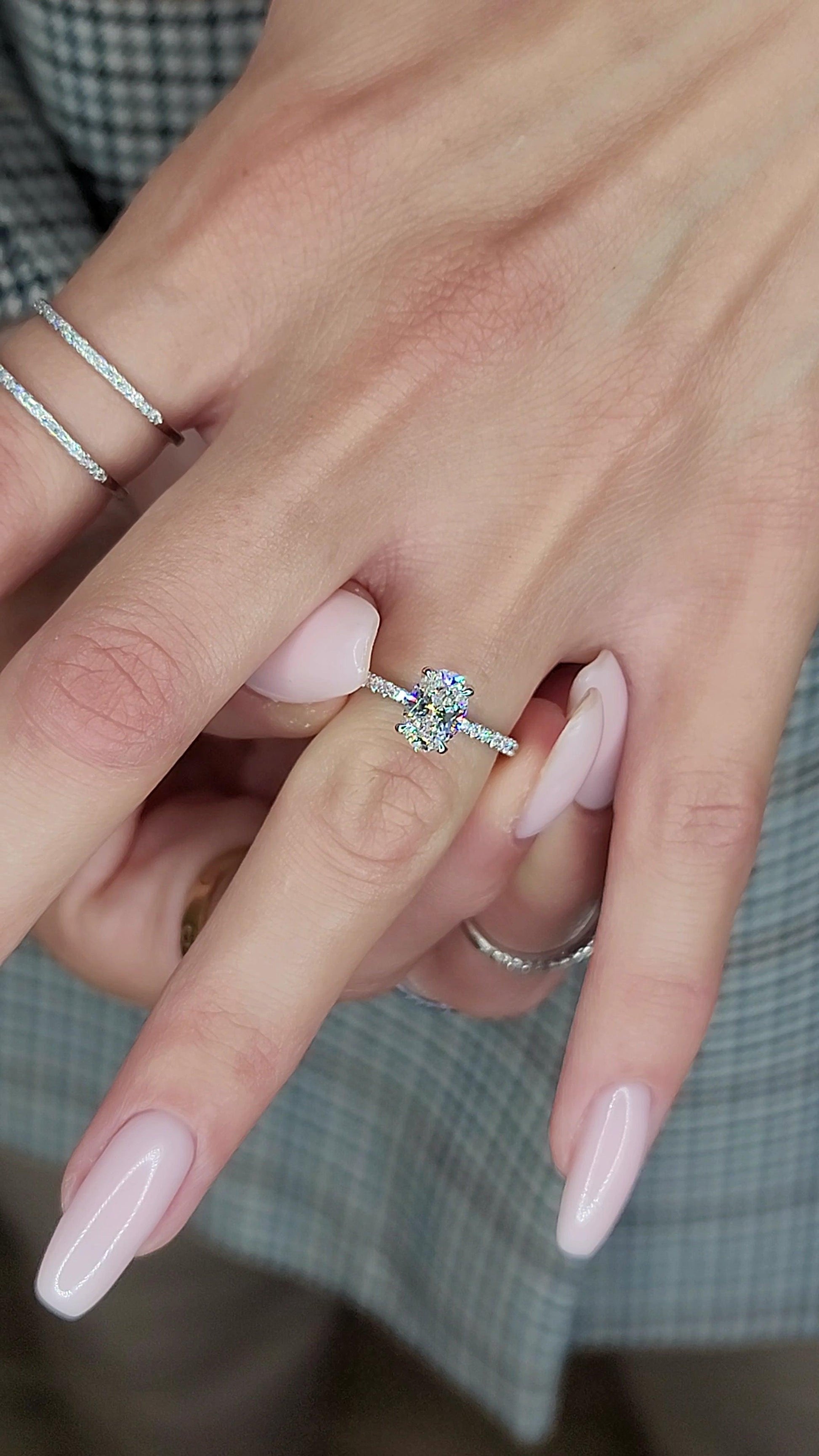 1.50 Carats Lab Grown Oval Cut Micropaved Side Stones Hidden Halo Diamond Engagement Ring - BenzDiamonds