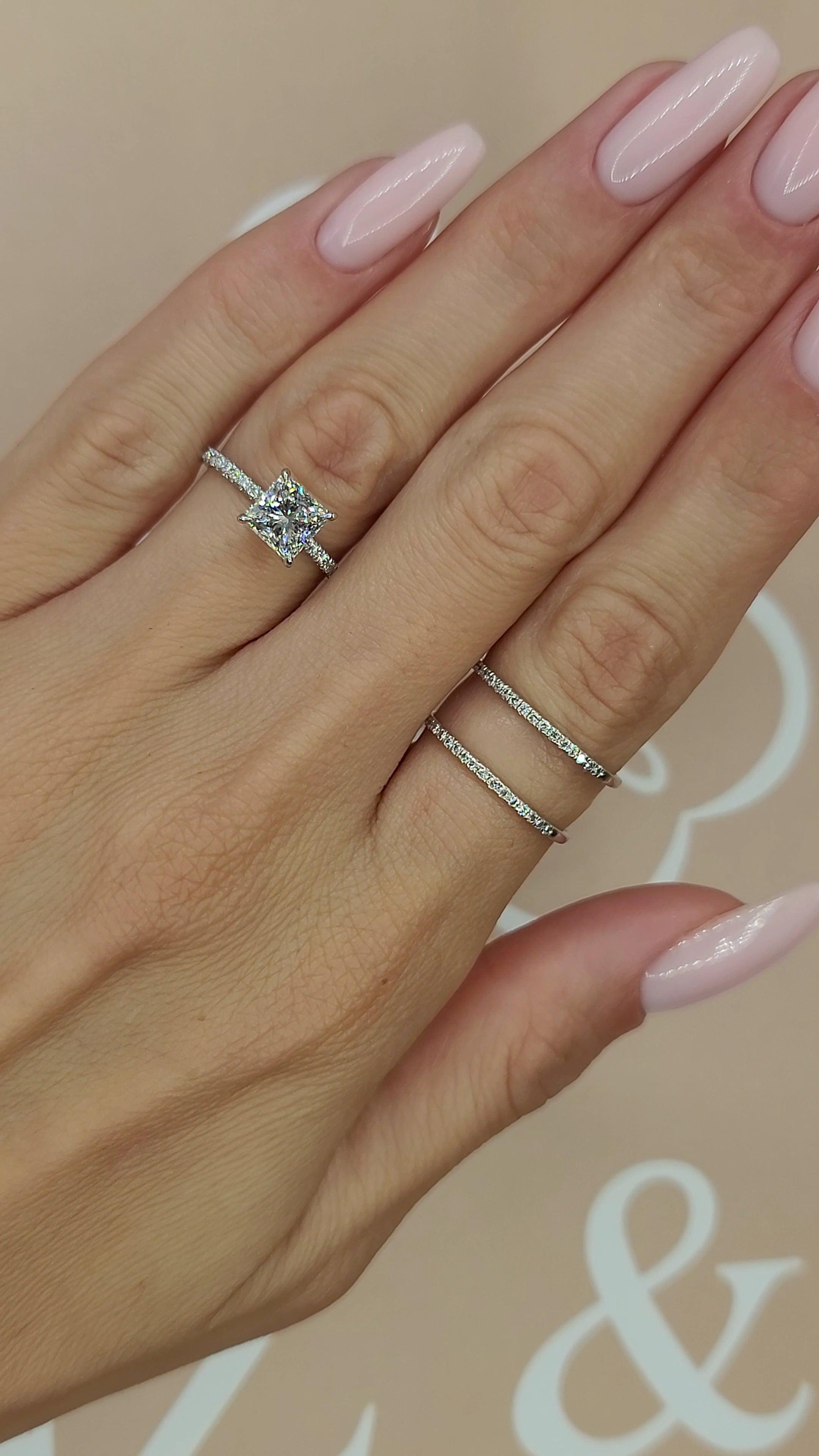 1.50 Carats Lab Grown Princess Cut Micropaved Side Stones Hidden Halo Diamond Engagement Ring - BenzDiamonds