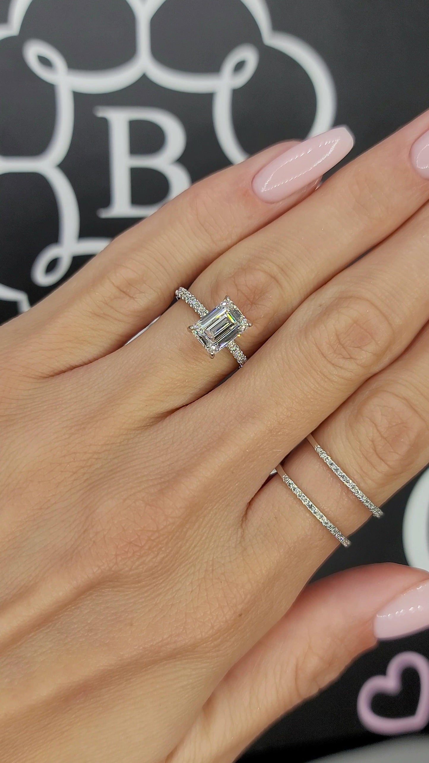 2.52 Carats Lab Grown Emerald Cut Micropaved Side Stones Hidden Halo Diamond Engagement Ring - BenzDiamonds