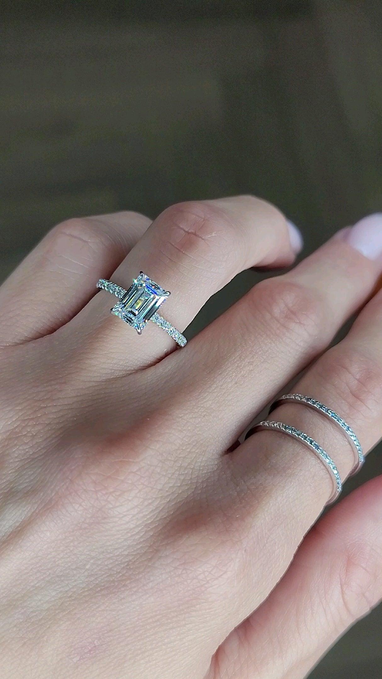 2.52 Carats Lab Grown Emerald Cut Micropaved Side Stones Hidden Halo Diamond Engagement Ring - BenzDiamonds