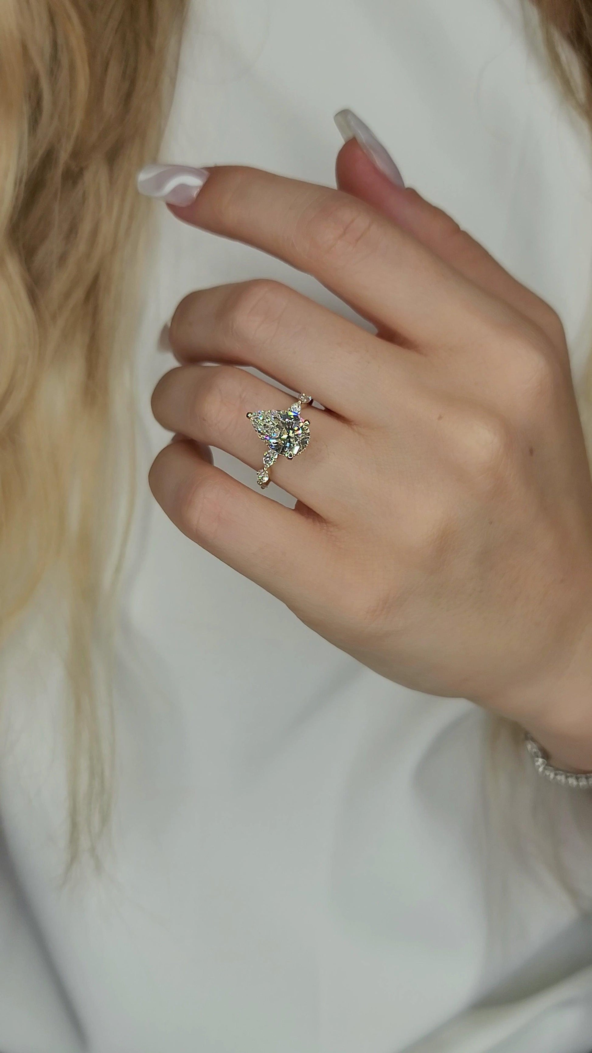 3.68 Carats Lab Grown Pear Shape with Marquise Side Stones Hidden Halo Diamond Engagement Ring - BenzDiamonds