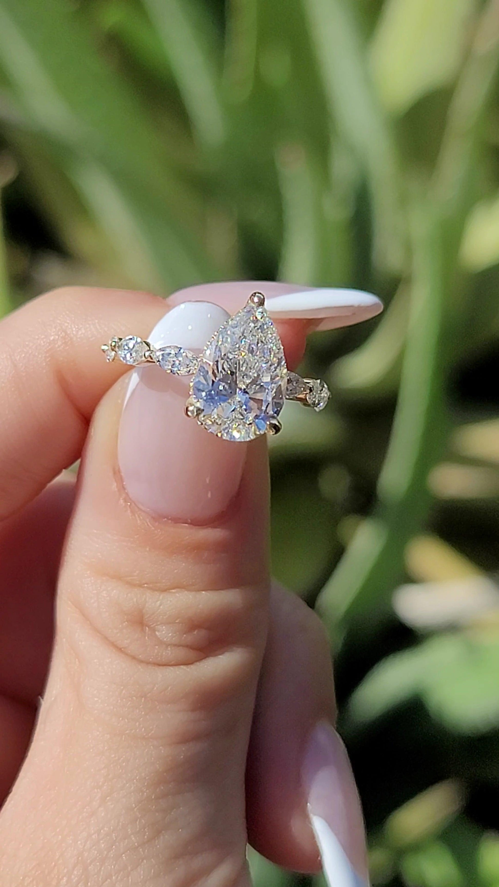 3.68 Carats Lab Grown Pear Shape with Marquise Side Stones Hidden Halo Diamond Engagement Ring - BenzDiamonds