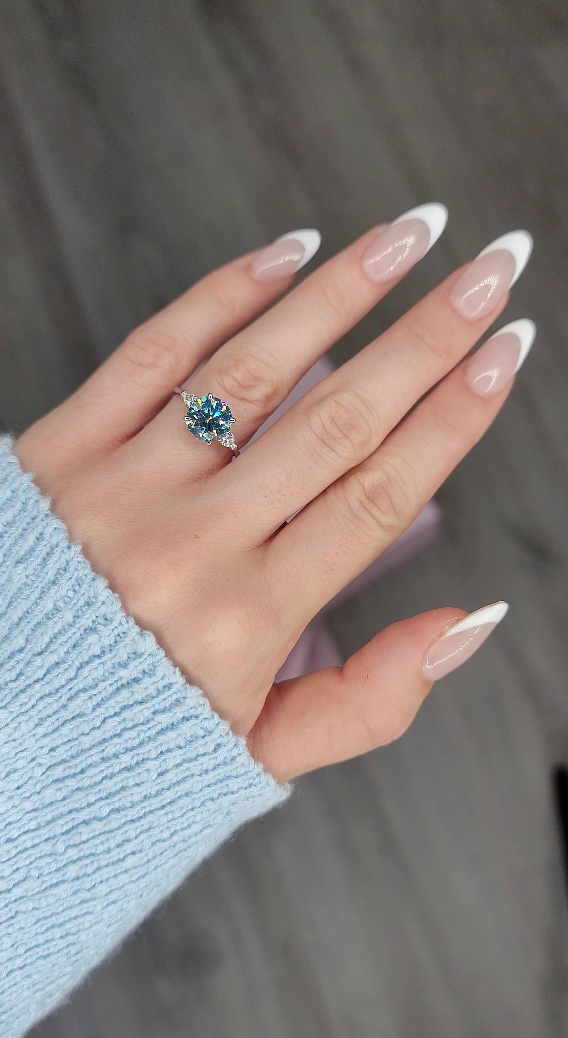2.35 Carats Lab Grown Fancy Vivid Blue Round Brilliant Cut with Pear Shape Side Stones Diamond Engagement Ring - BenzDiamonds