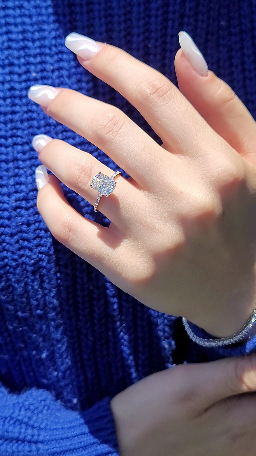 3.56 Carats Lab Grown Elongated Cushion Cut Micropaved Side Stones Hidden Halo Diamond Engagement Ring - BenzDiamonds