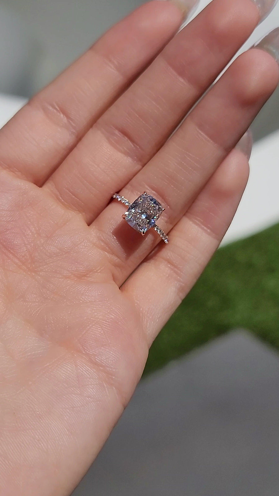 3.56 Carats Lab Grown Elongated Cushion Cut Micropaved Side Stones Hidden Halo Diamond Engagement Ring - BenzDiamonds