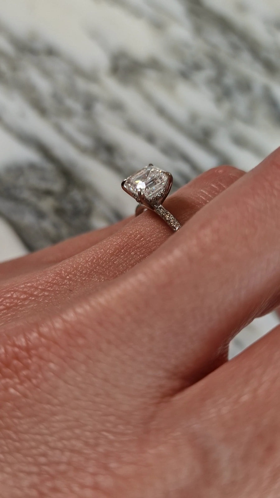2.06 Carats Asscher Cut Micropave Side Stones Hidden Halo Diamond Engagement Ring