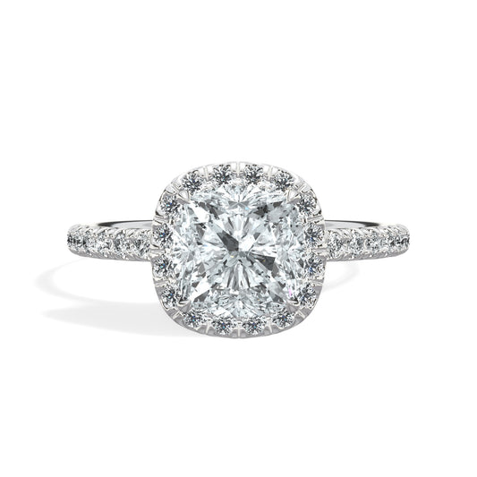 2.15 Carats Lab Grown Cushion Cut Micropaved Halo Side Stones Diamond Engagement Ring