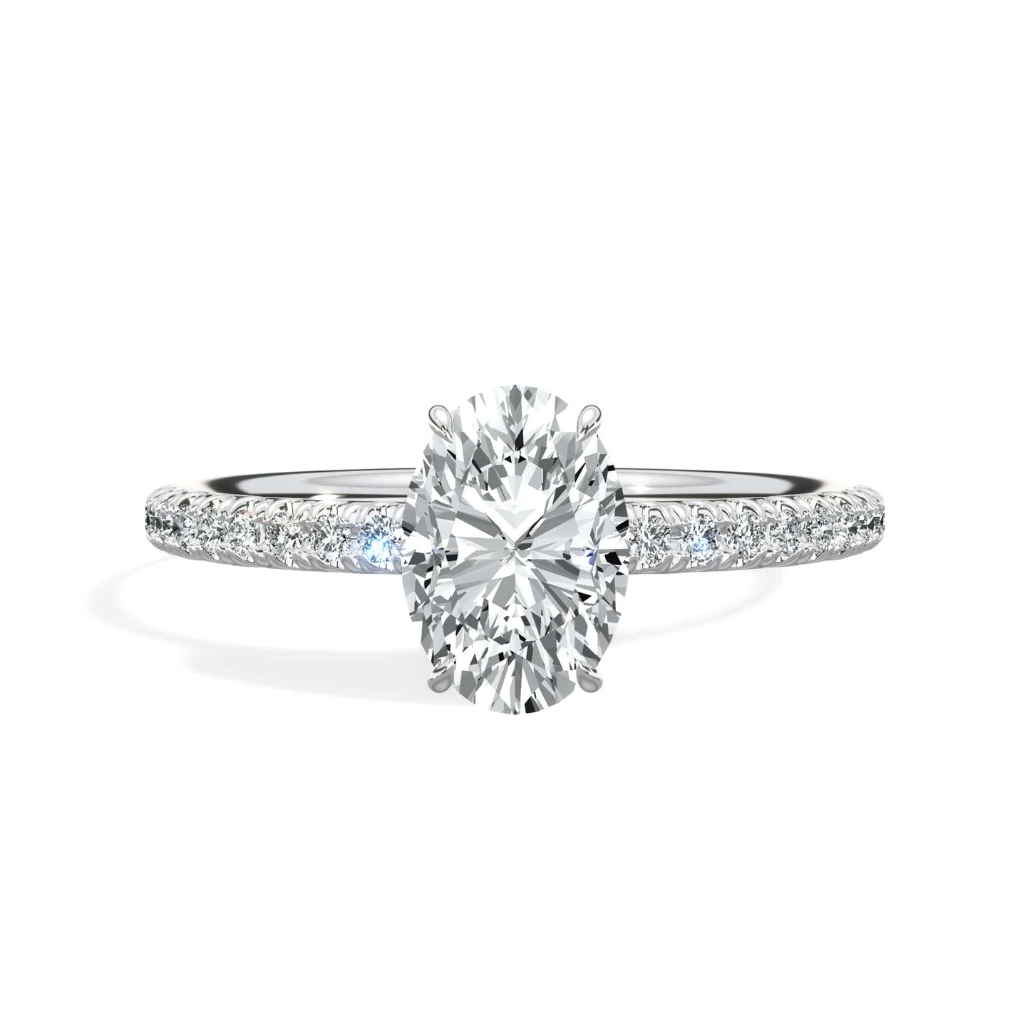 1.50 Carat Lab Grown Oval Cut Micropaved Side Stones Hidden Halo Diamond Engagement Ring