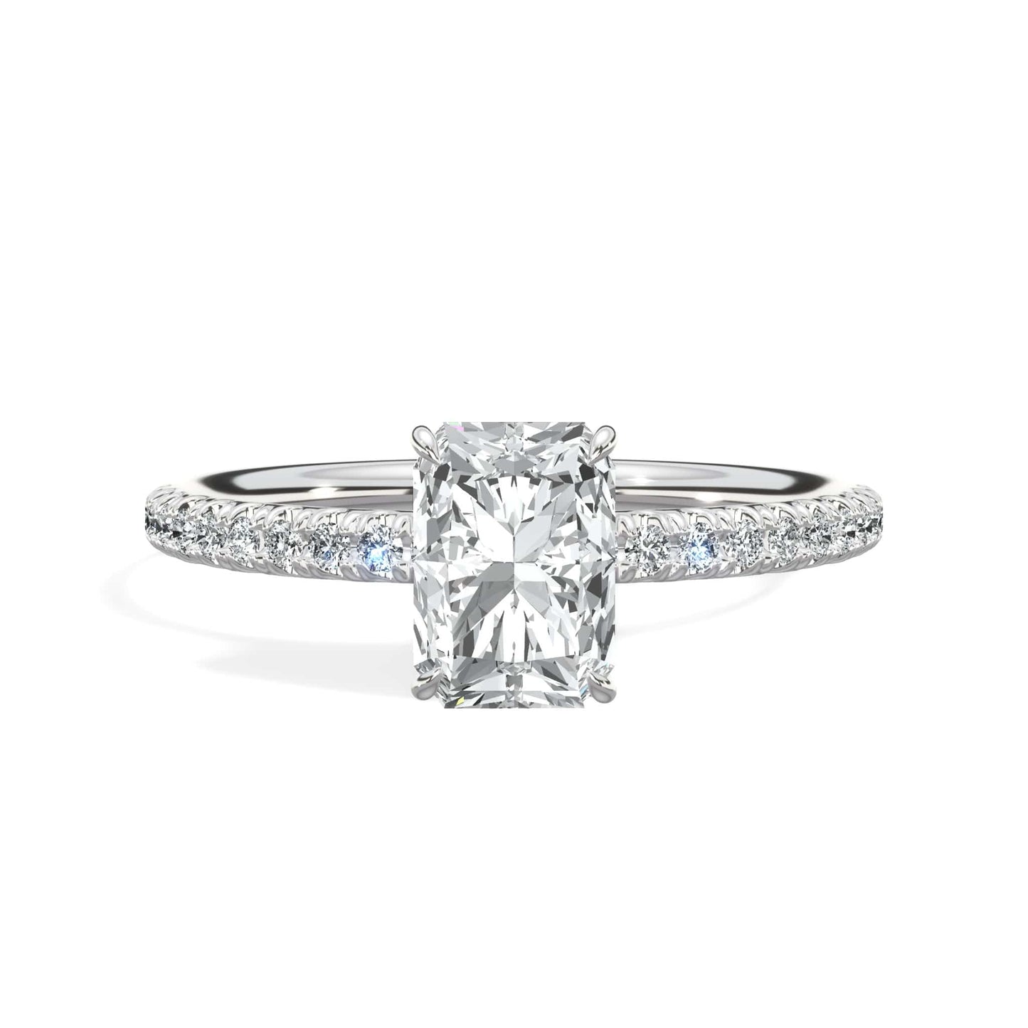 1.50 Carats Lab Grown Radiant Cut Micropaved Side Stones Hidden Halo Diamond Engagement Ring
