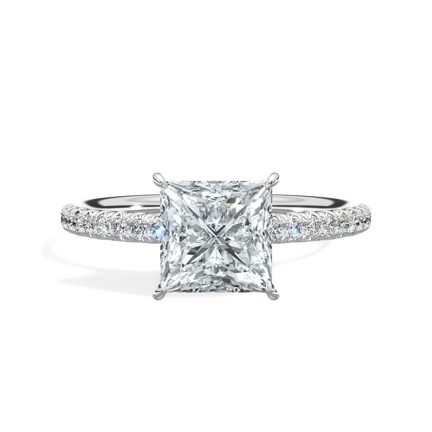 2 Carats Lab Grown Princess Cut Micropaved Side Stones Hidden Halo Diamond Engagement Ring