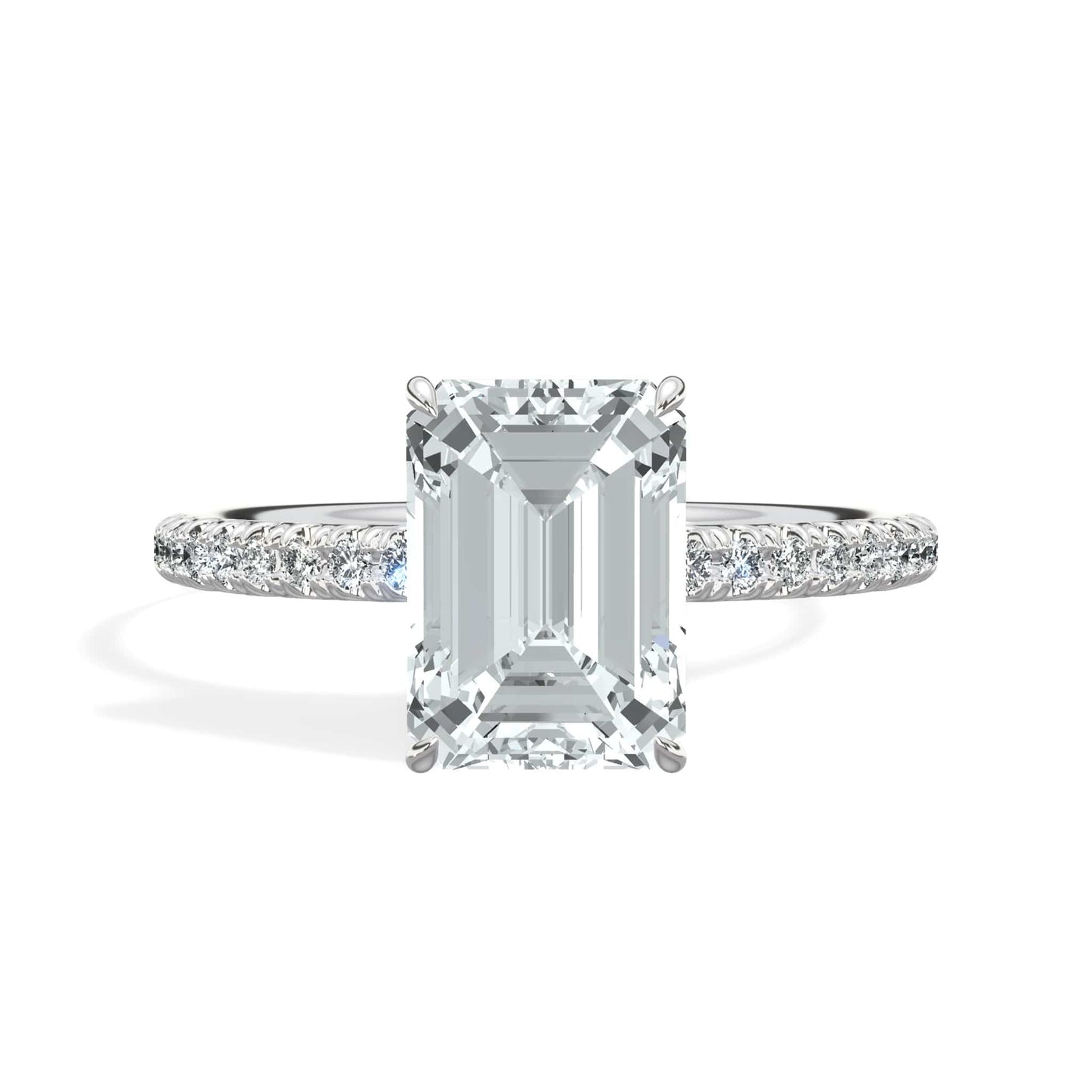 2 Carats Lab Grown Emerald Cut Micropaved Side Stones Hidden Halo Diamond Engagement Ring
