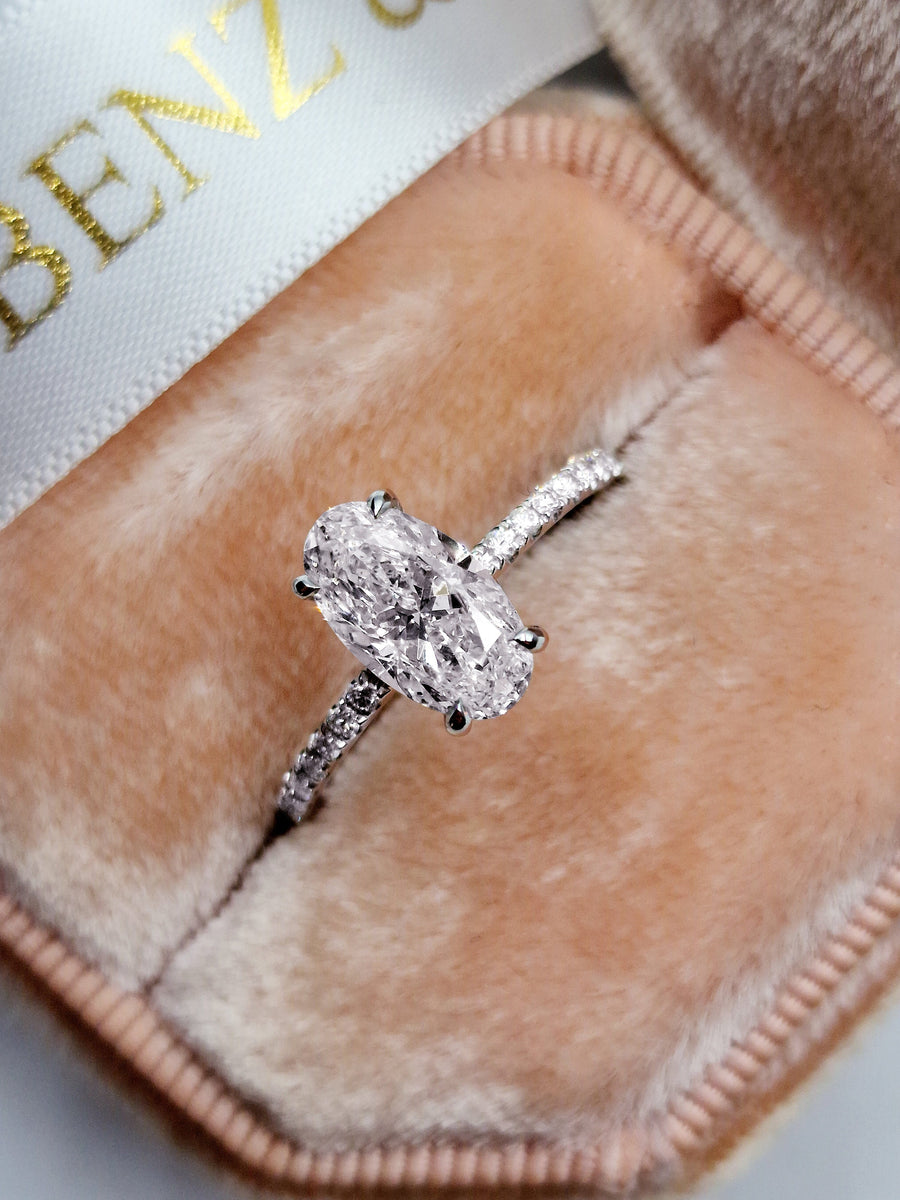 2.02 Carats Elongated Oval Cut Micropave Side Stones Hidden Halo Diamo