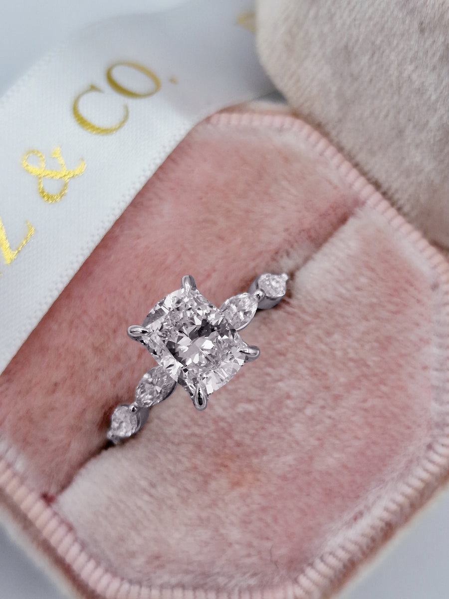 2.17 Carats Lab Grown Cushion Cut with Marquise Side Stones Hidden Halo Diamond Engagement Ring