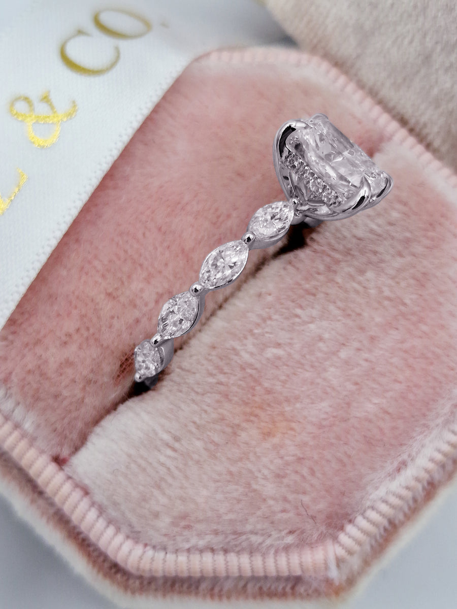 2.17 Carats Lab Grown Cushion Cut with Marquise Side Stones Hidden Halo Diamond Engagement Ring